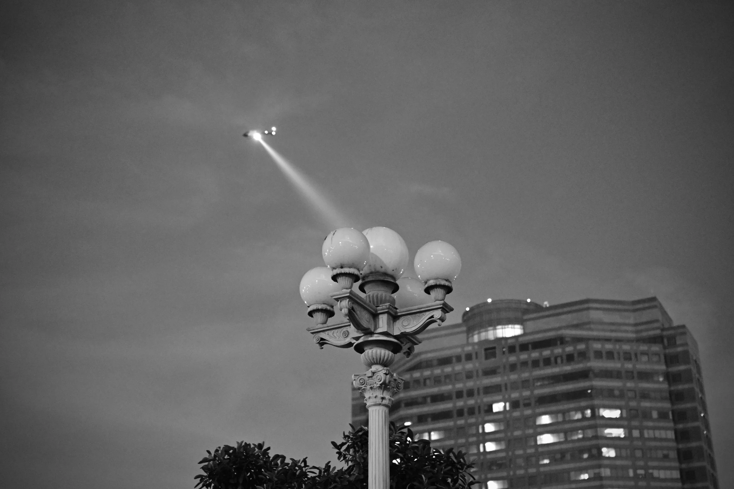 LAPD helicopter flying over the protest late in the night. (Los Angeles, 2026)