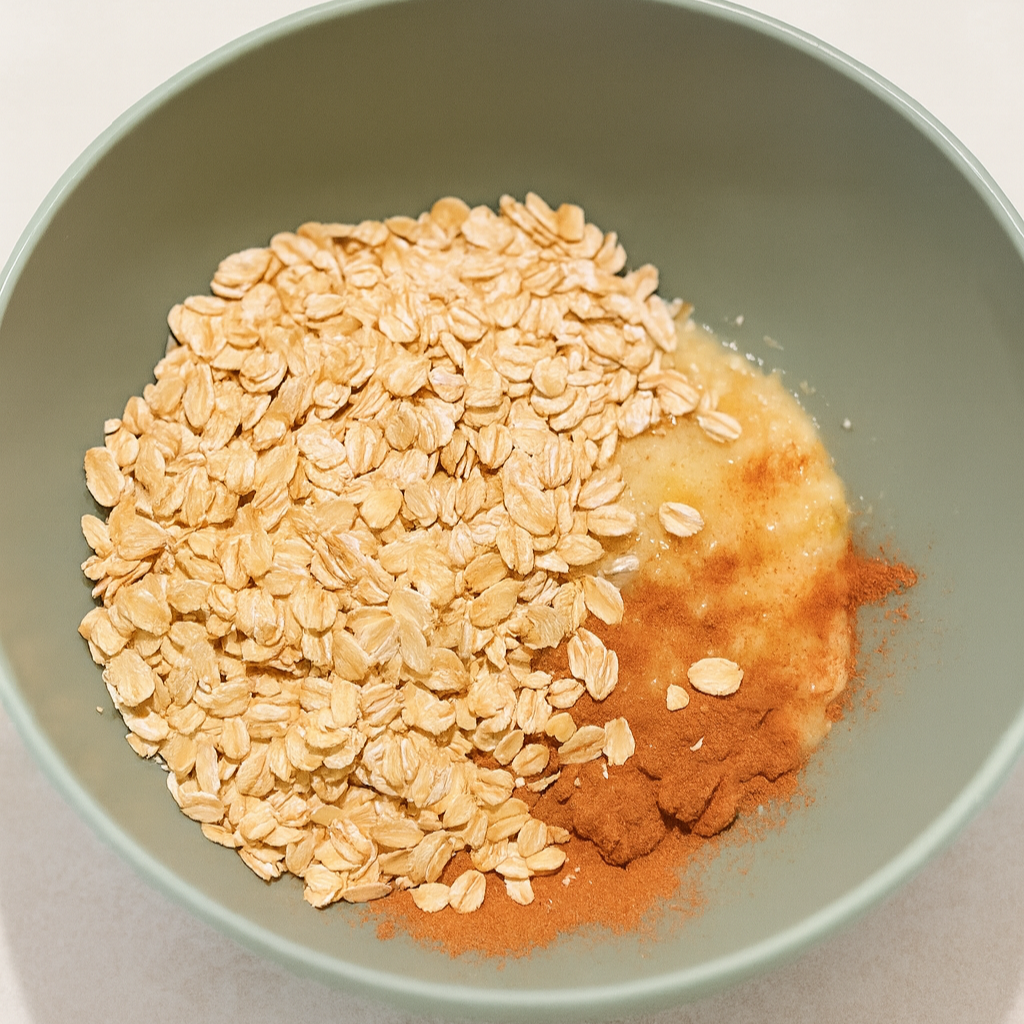 Bowl filled with rolled oats, mashed banana, and cinnamon sitting separately before being mixed together to make toasted oats.