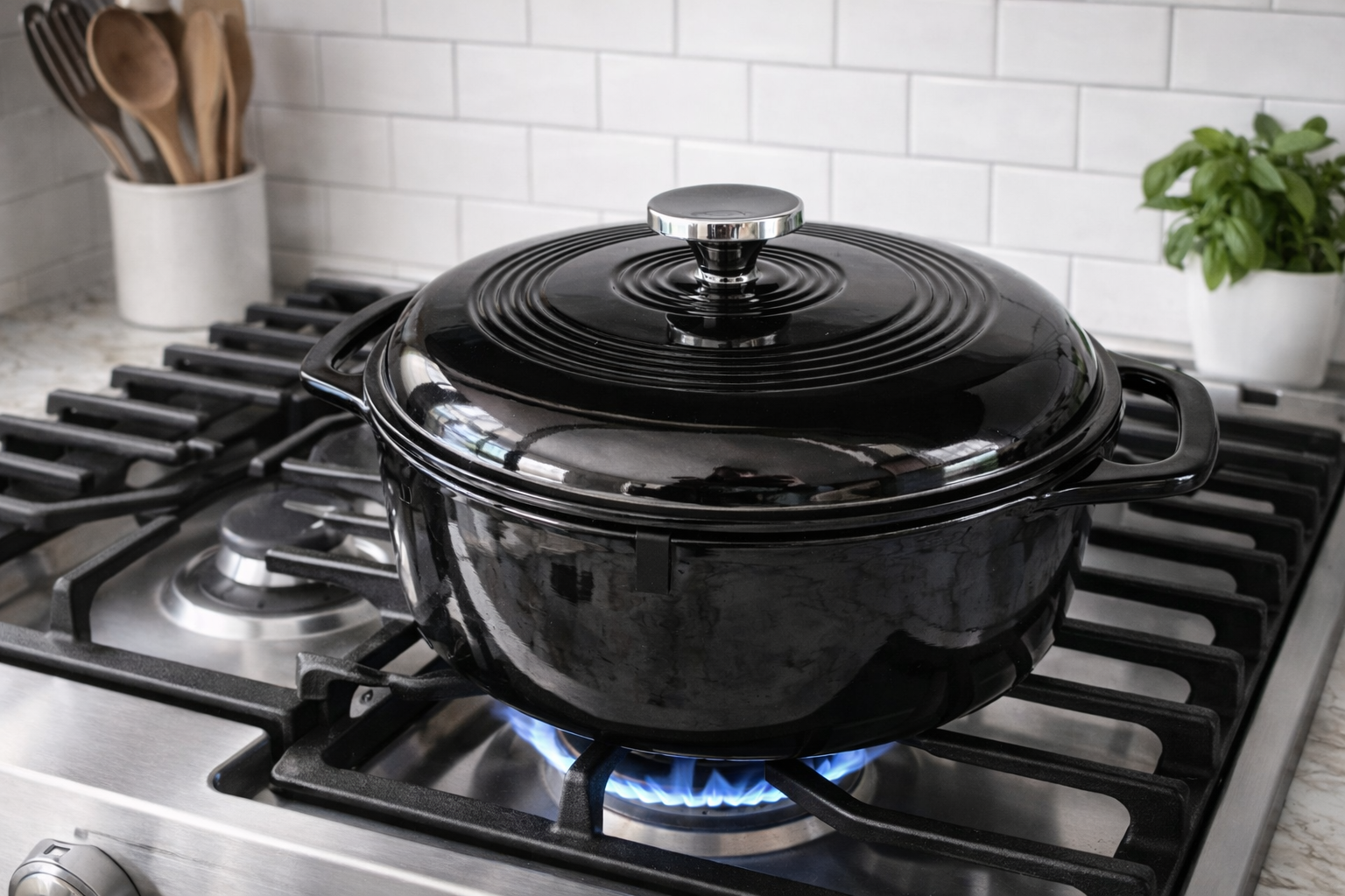Black enameled cast iron Dutch oven sitting on a gas stovetop with a blue flame underneath.