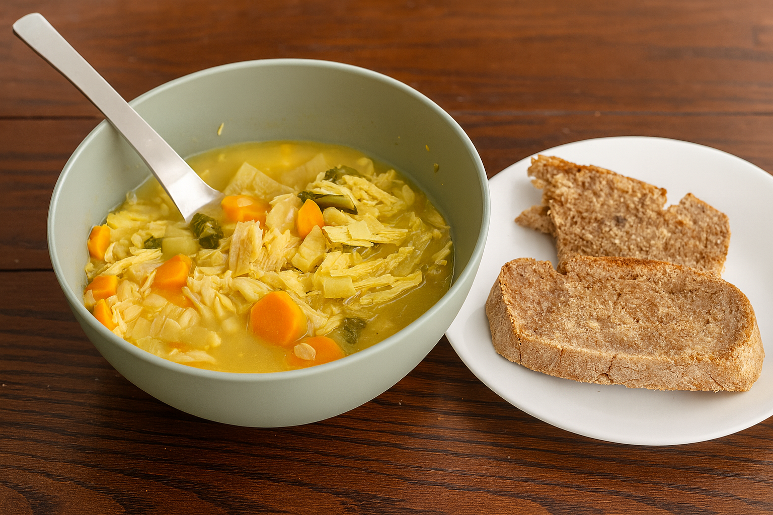 A bowl of golden soup filled with carrots, greens, and shredded chicken, served next to slices of homemade lentil bread on a white plate.