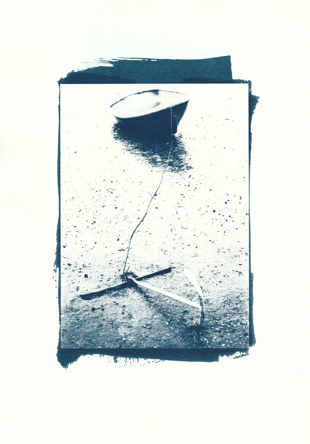 Cyanotype of a dinghy with anchor on the shore, Auckland, New Zealand