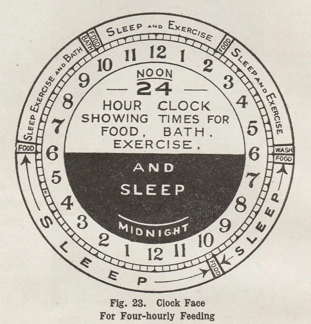 The 24 hour clock from Sir Frederic Truby King's 1913 book 'Feeding and Care of Baby' depicting four hourly feeding. Image in 1942 revised edition.