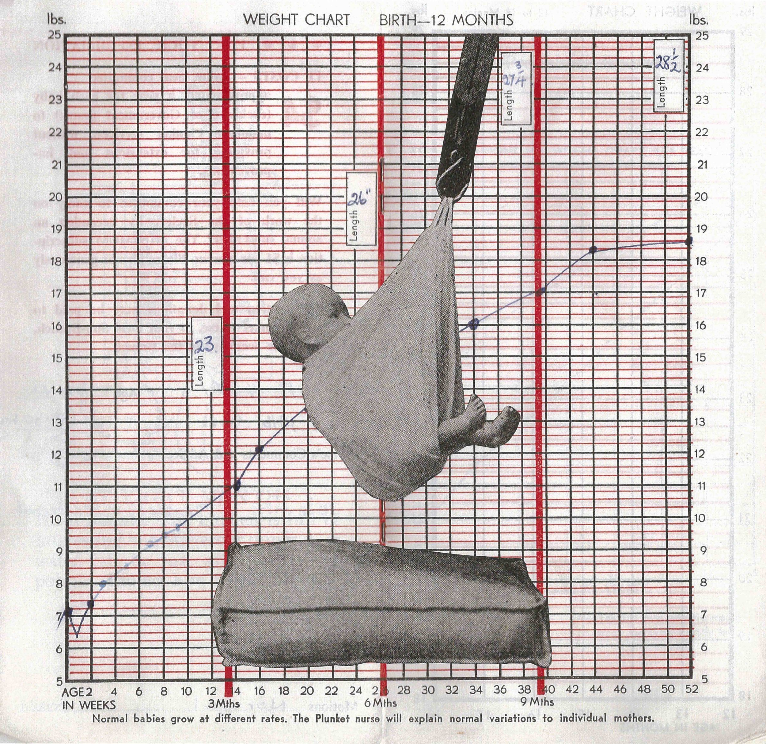 A weight chart from an old Plunket book and a picture of a baby being weighed from Sir Frederic Truby King's 1913 book 'Feeding & Care of Baby' collaged on top to play on his controversial ideologies. Image in 1942 revised edition.
