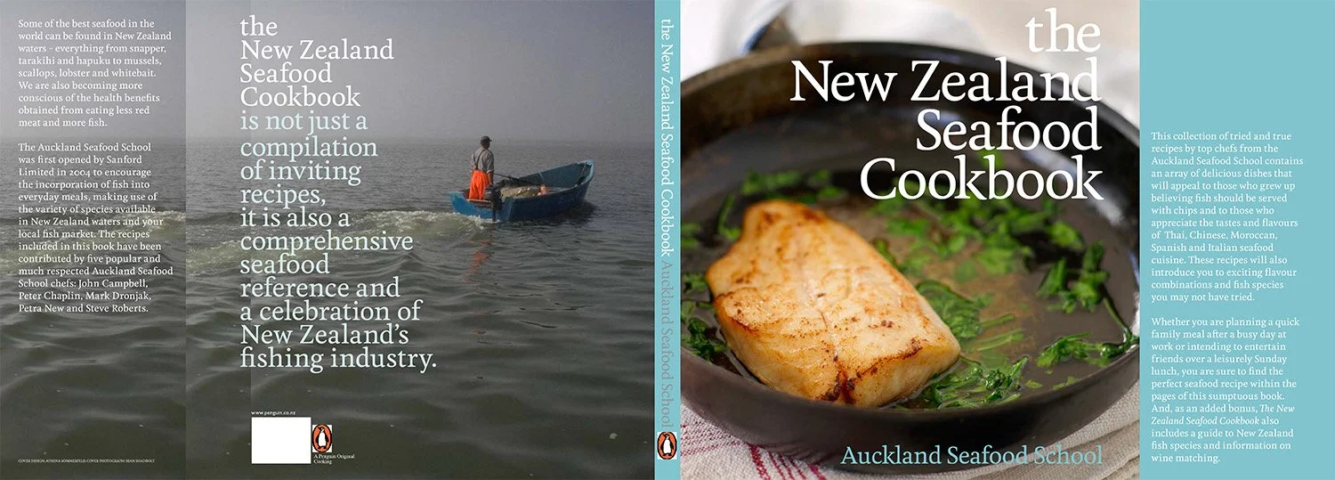 My photo on the back cover of Ruawai mullet & flounder fisherman, Chris Matich. This edition of the New Zealand Seafood Cookbook was published in 2009 by Penguin books.