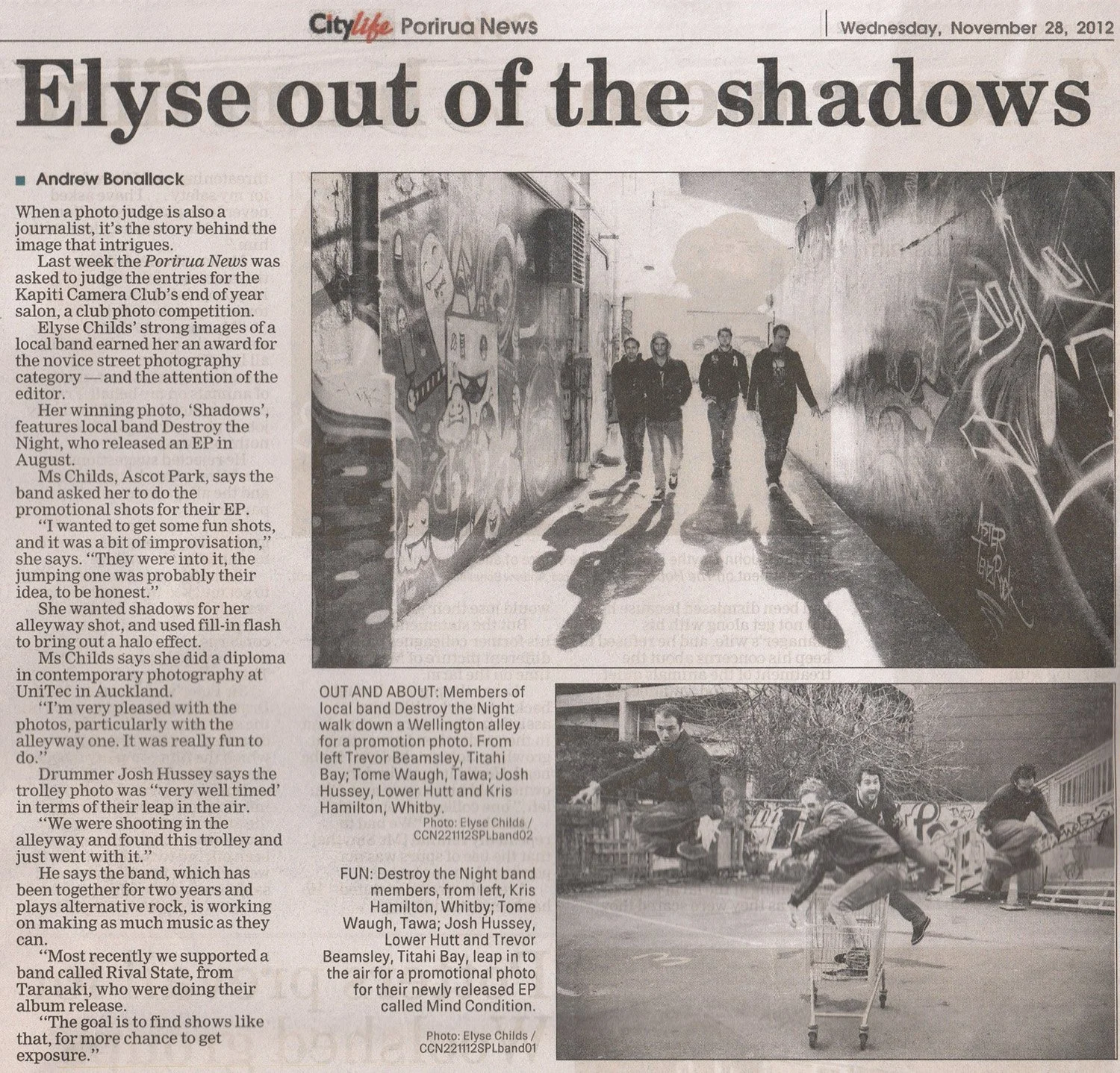 Article about my photos for band Destroy the Night in the CityLife Porirua News.