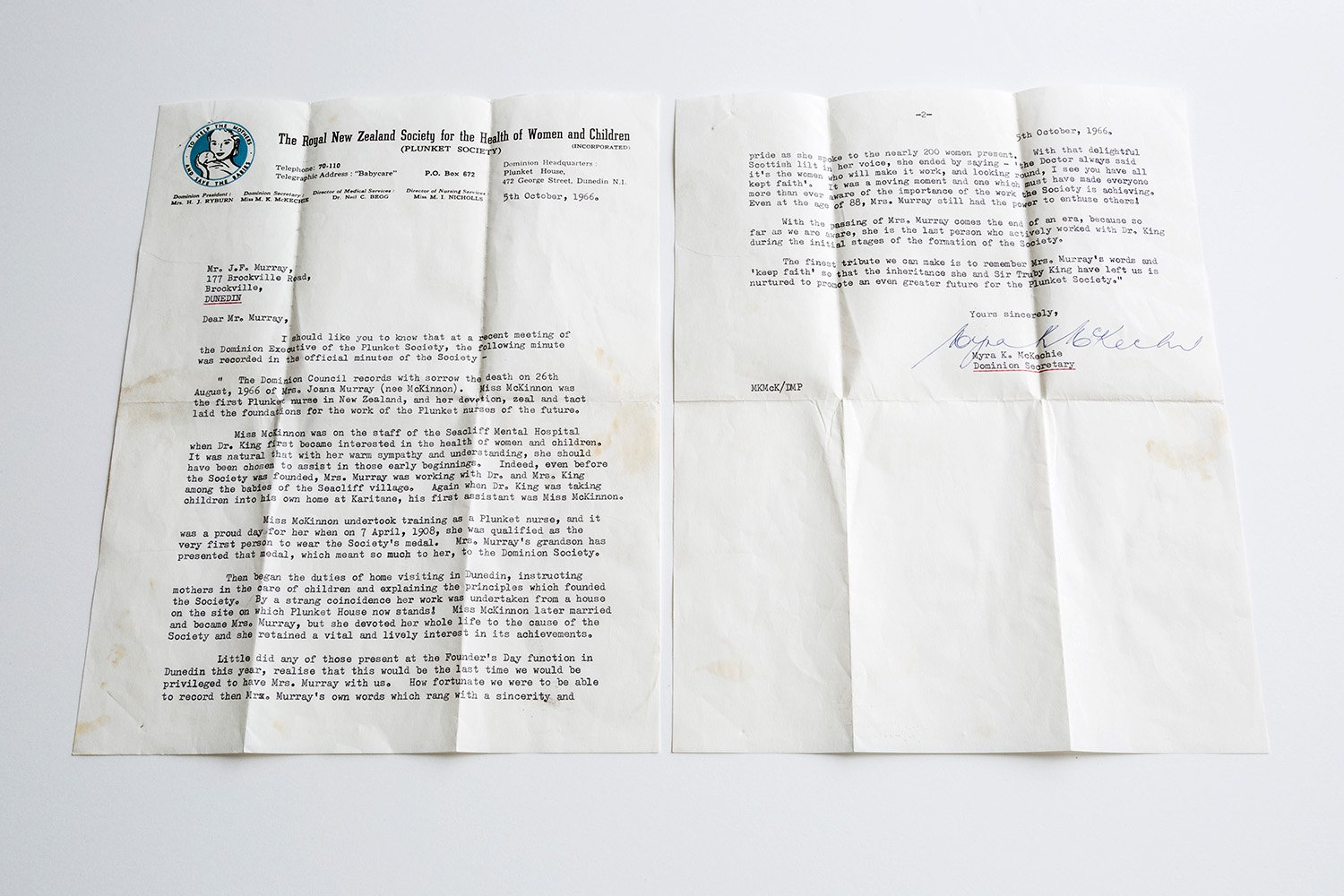 The letter which was sent by the Plunket Society upon news of Joanna's passing in 1966, acknowledging her pioneering contribution and lifelong dedication to Plunket and society.