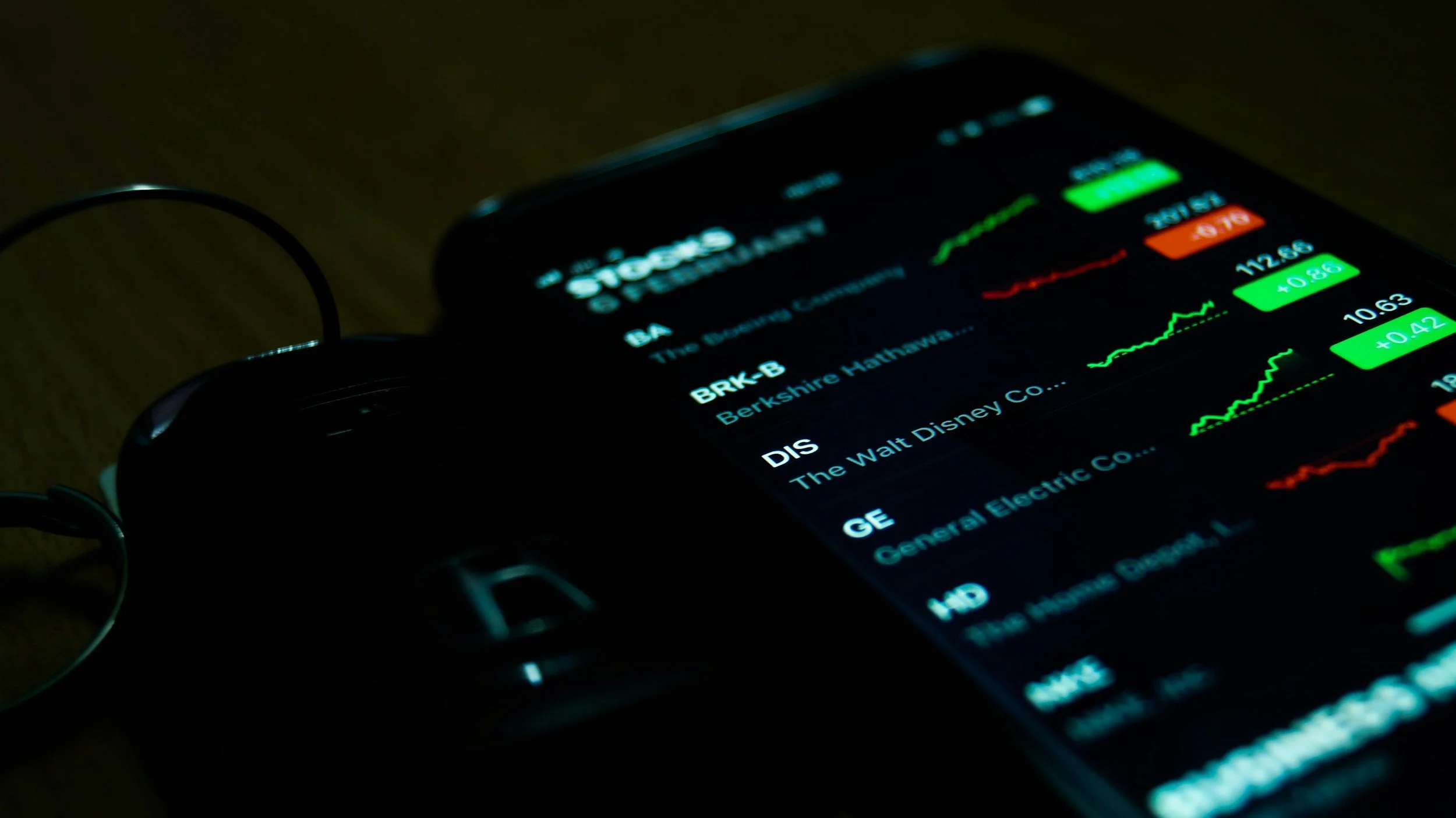 Smartphone displaying stock market data with colorful graphs and stock names, connected to wired headphones, on a wooden surface.