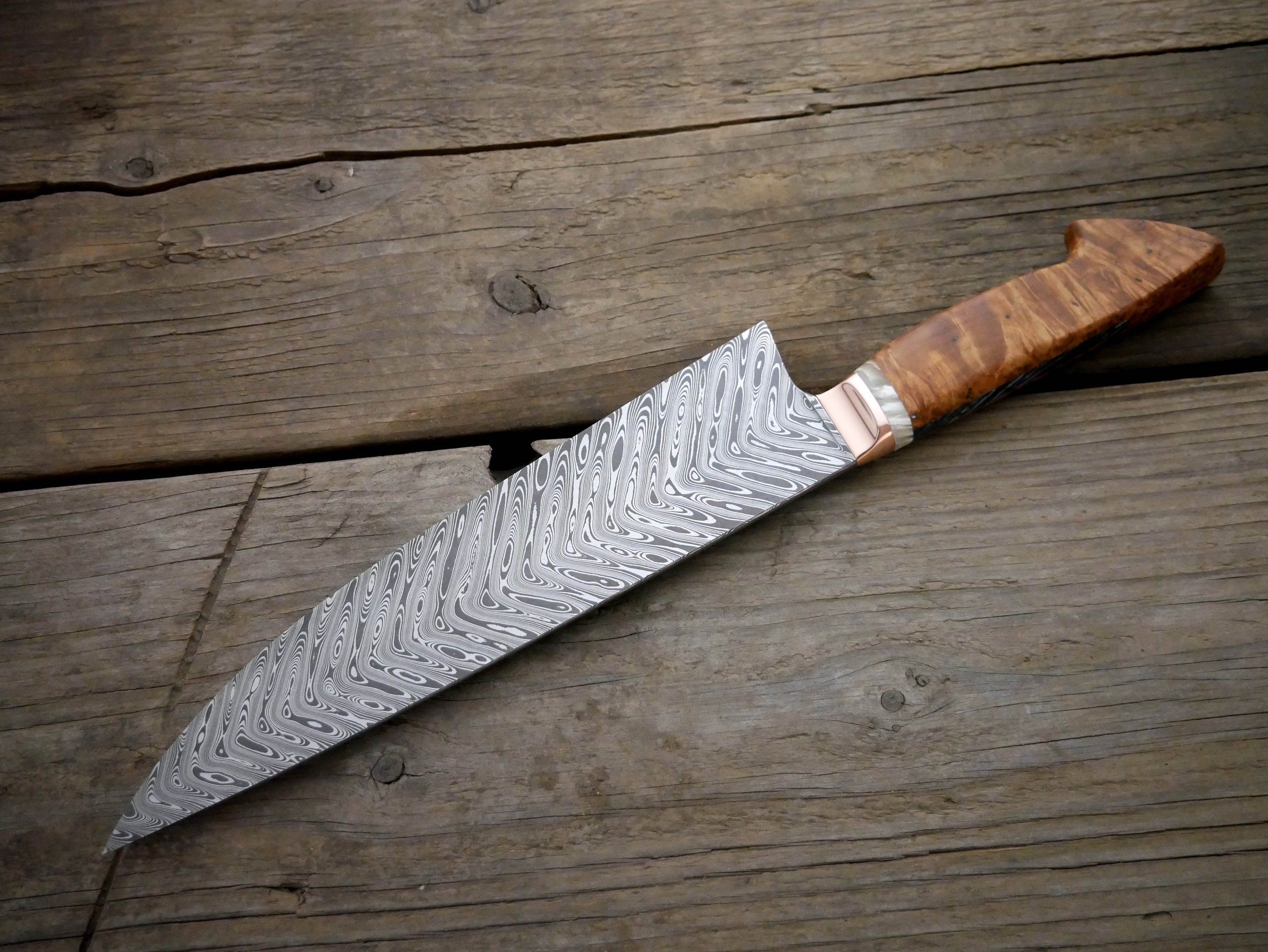European High Carbon Chevron Damascus Chef Knife with Copper Bolster, Musk Ox Horn Spacer and Amboyna Burl