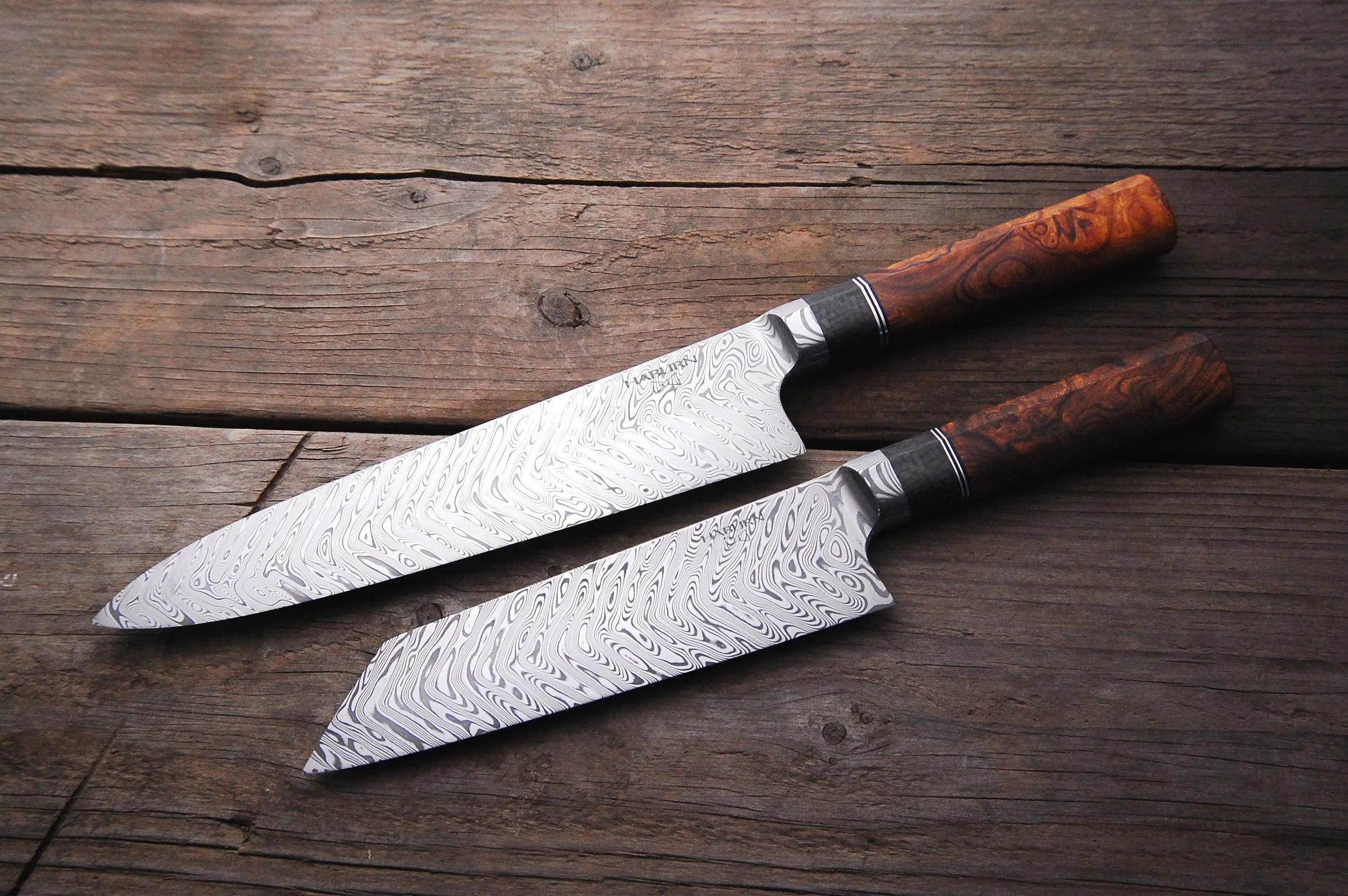 Custom Stainless Damascus Integral Gyuto and Bunka