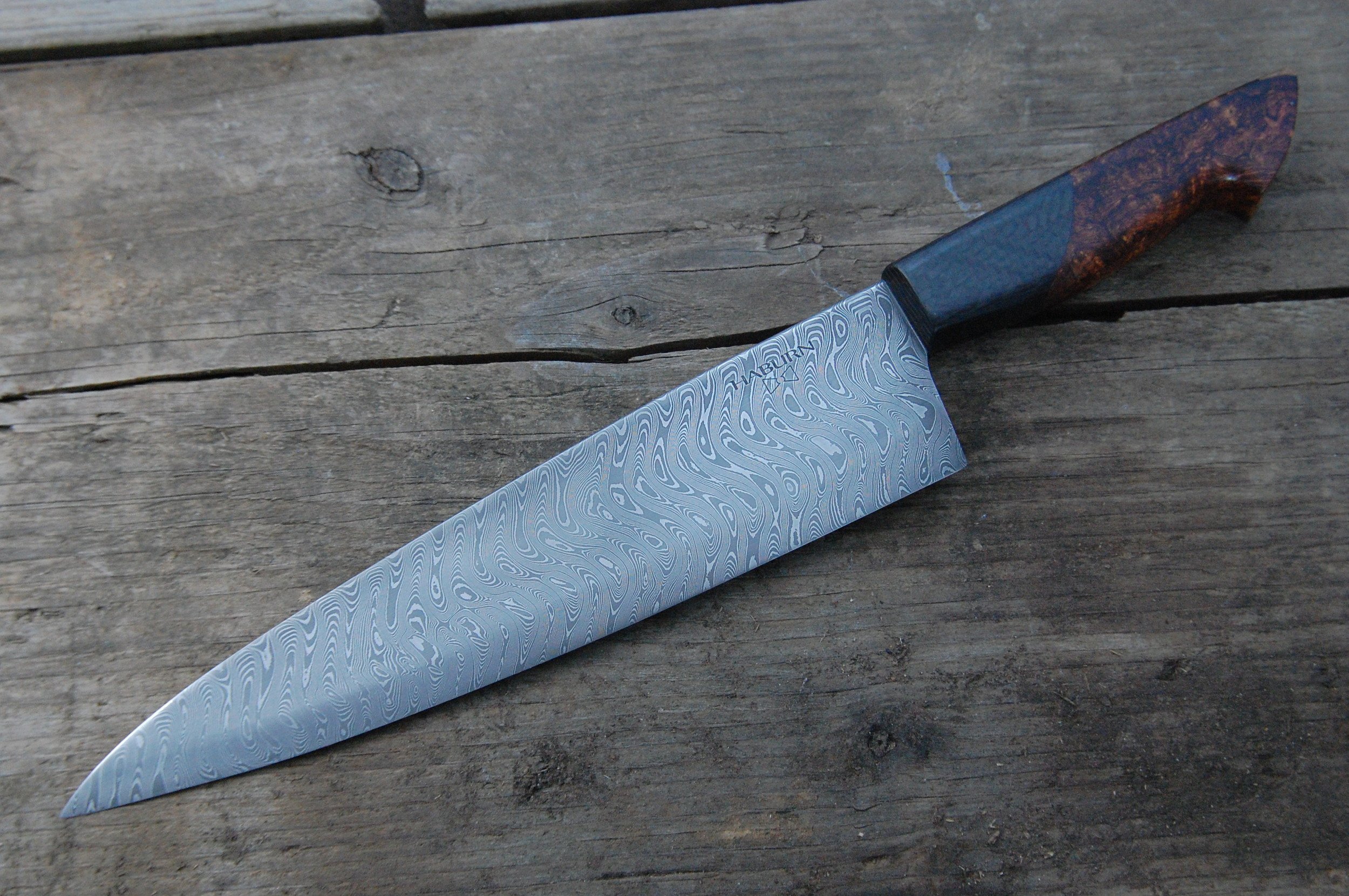 Western Gyuto in Wave Damascus, Carbon Fiber, & Rosewood Burl