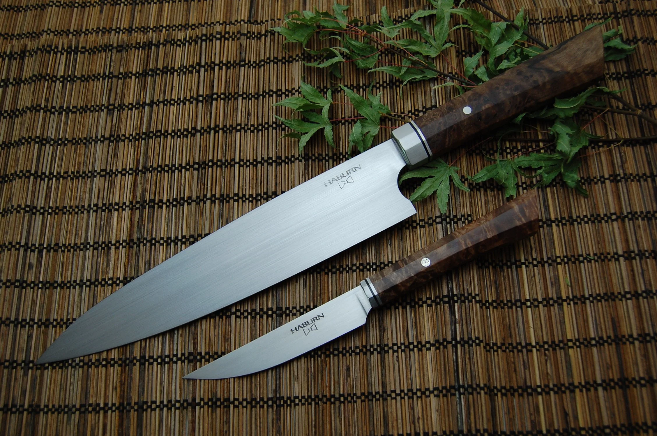 Gyuto and parer in AEB-L with maple burl