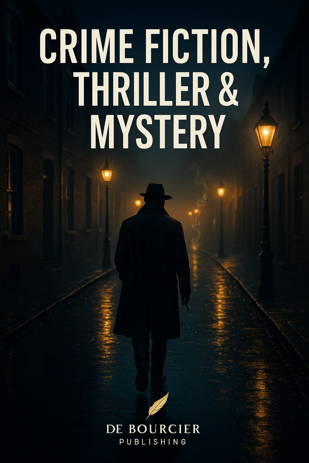 Book cover titled 'Crime Fiction, Thriller & Mystery' showing a person in a trench coat and fedora walking down a dark, foggy street with streetlights