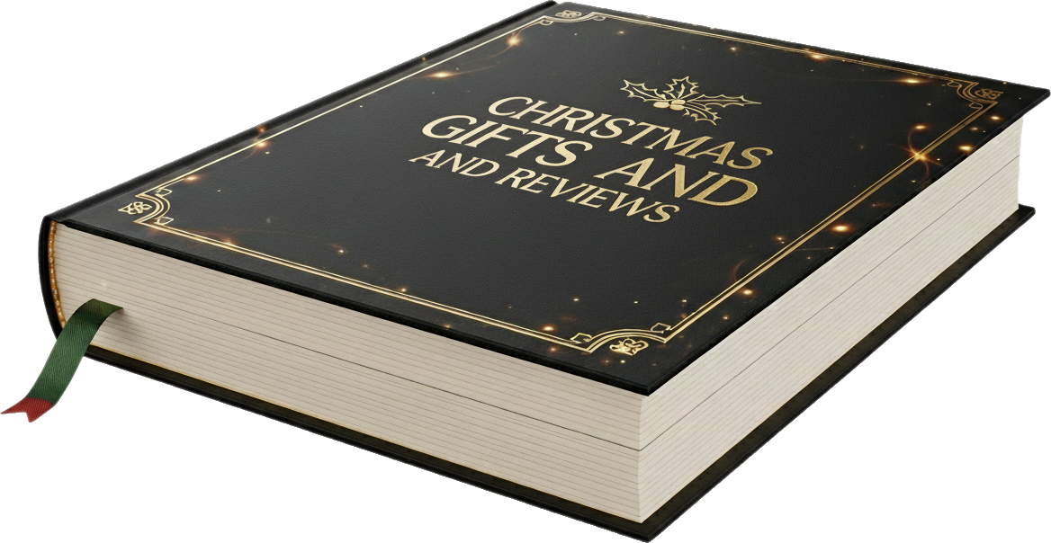 A large, hardcover book titled 'Christmas Gifts and Reviews' with a black cover, gold lettering, and decorative accents, lying open with a green and red ribbon bookmark.