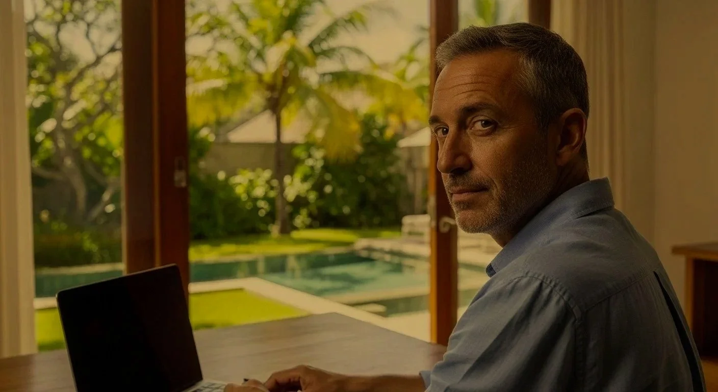 A man with gray hair and a beard, sitting at a table indoors, looking over his shoulder, with a view of a backyard pool and trees outside through glass doors.