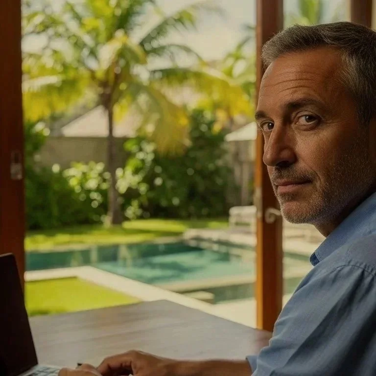 A middle-aged man with gray hair and a beard looking over his shoulder inside a house, with a backyard featuring a swimming pool, lush green grass, and tropical plants visible through a large open window.