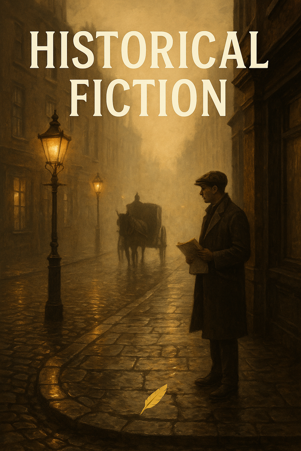 Book cover titled 'Historical Fiction' showing a young man reading a book on a foggy street with horse-drawn carriage and old-style street lamps at night.