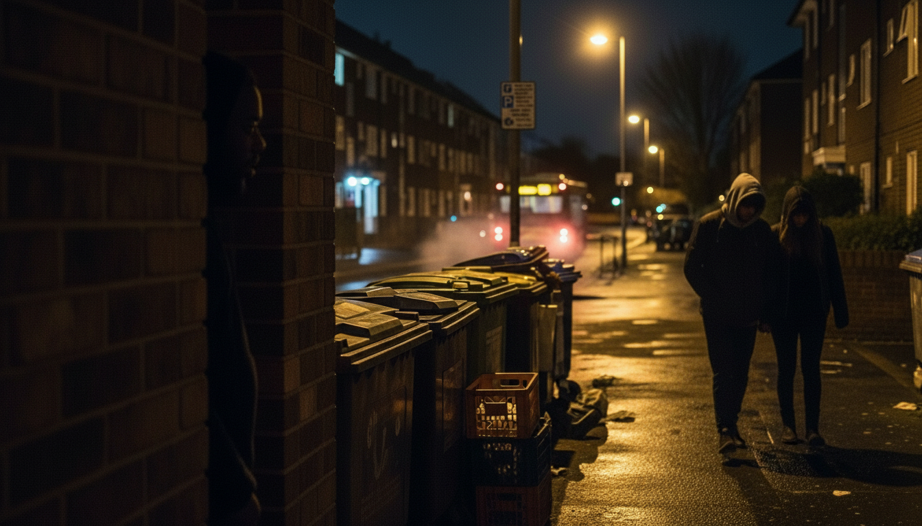 Jay & Tish in Sycamore Lodge The Full Irish. wearing hooded jackets walking on a dimly lit street at night,  East London with a bus in the background emitting steam.