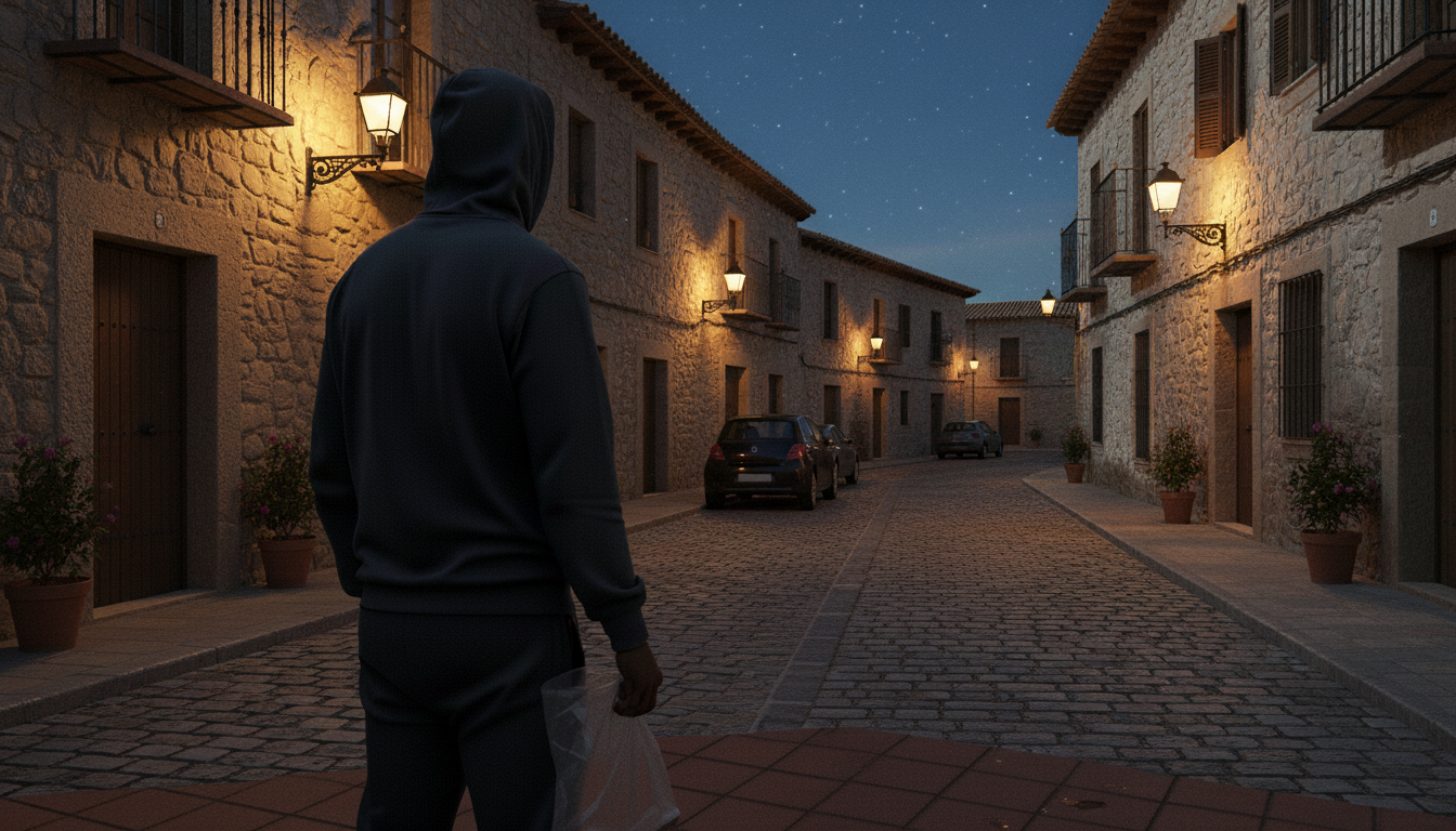 Addy The Full Irish  wearing a hoodie walks down a cobblestone street at night, carrying a plastic bag, in a quiet European village with stone buildings and lit street lamps.
