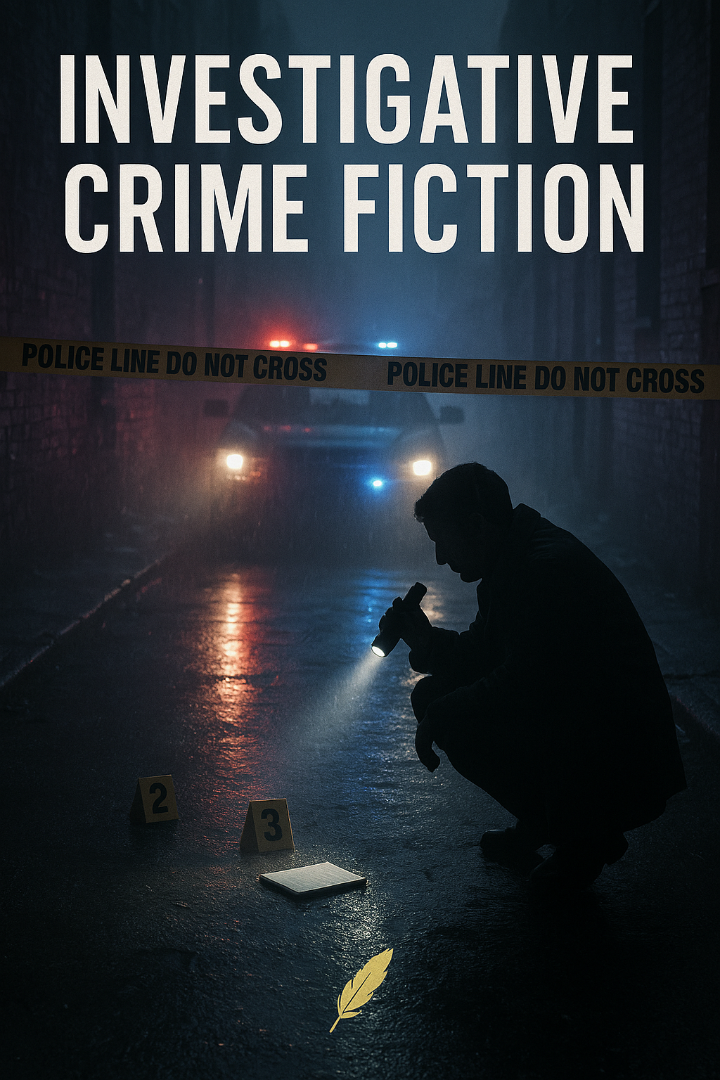 Silhouette of a person crouching with a flashlight on a wet street, police crime scene tape, police cars with flashing lights, and a large sign that reads "Investigative Crime Fiction."