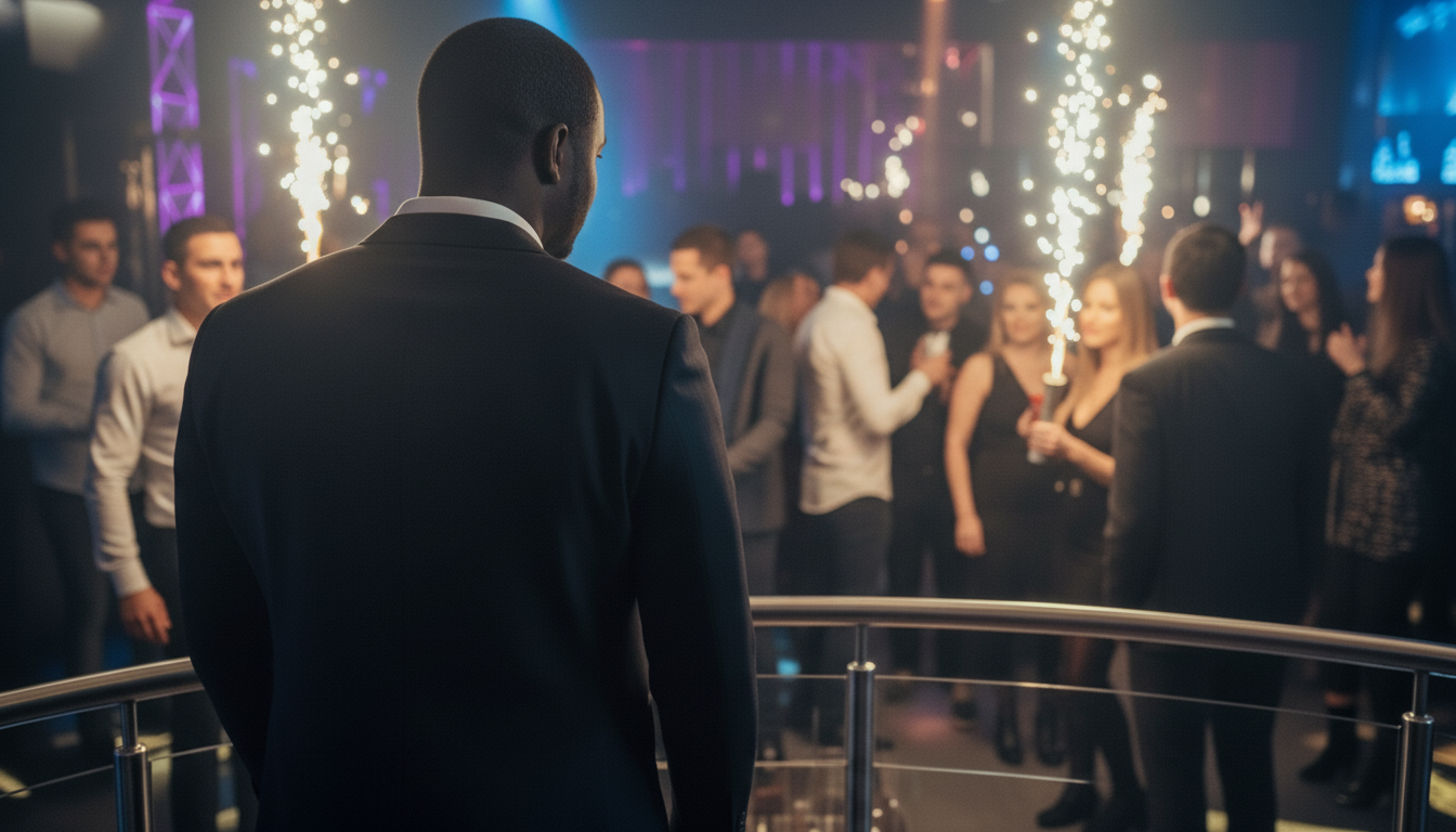 AMarlon Hayes The Full Irish  in a dark suit watches a lively party with people holding sparklers and socializing under colorful lights.
