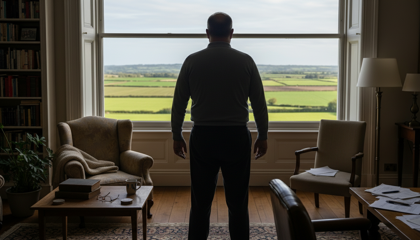 Paddy The Full Irish stands in a room facing large windows, looking out at a green landscape with fields and trees.