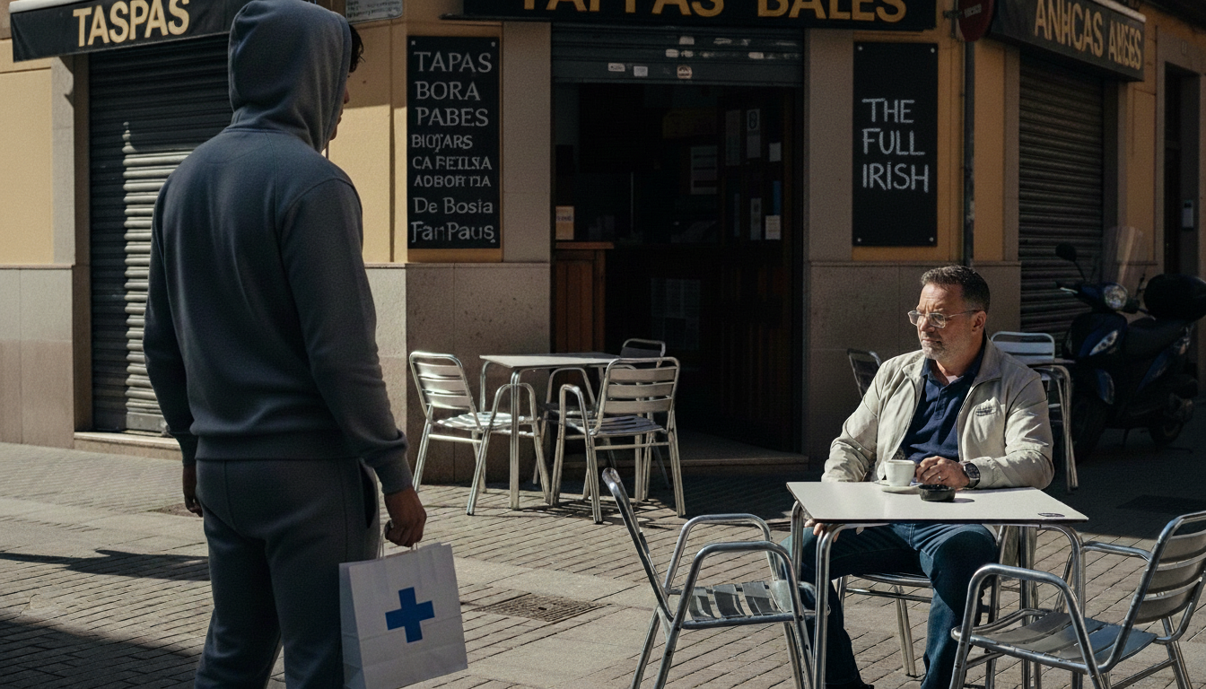 A man in a hoodie standing outside a cafe, holding a bag with a blue cross. A man sitting at a table with a cup and a phone on it, looking at the man in the hoodie.