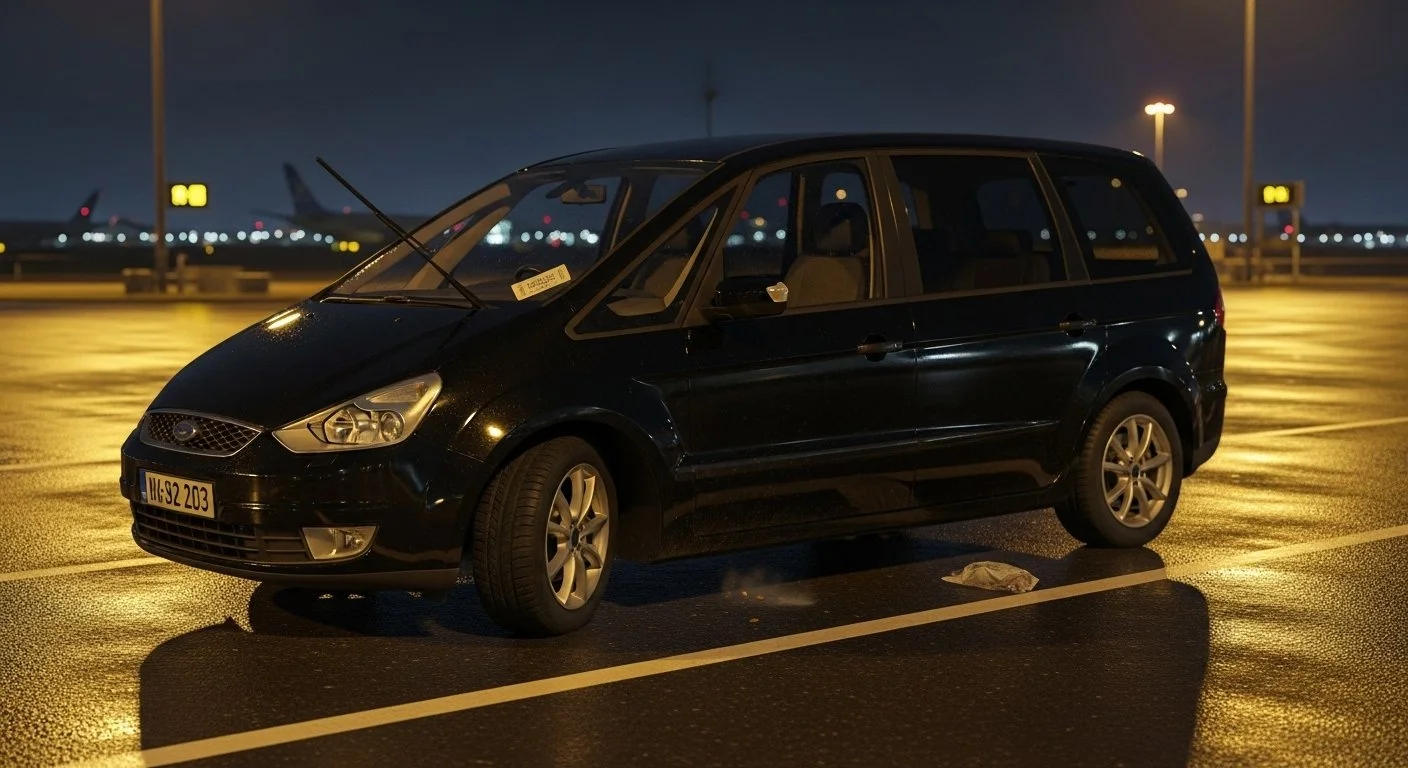Black Ford minivan parked in an illuminated parking lot at night, with airport runways and planes visible in the background.