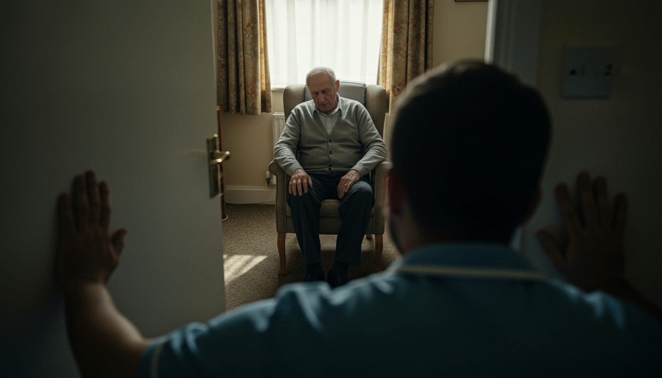 Durrant The Full Irish sits in a chair in a room, looking down with a sad or tired expression,Jay n the foreground touches the door frame and looks at him, suggesting a serious or emotional moment.