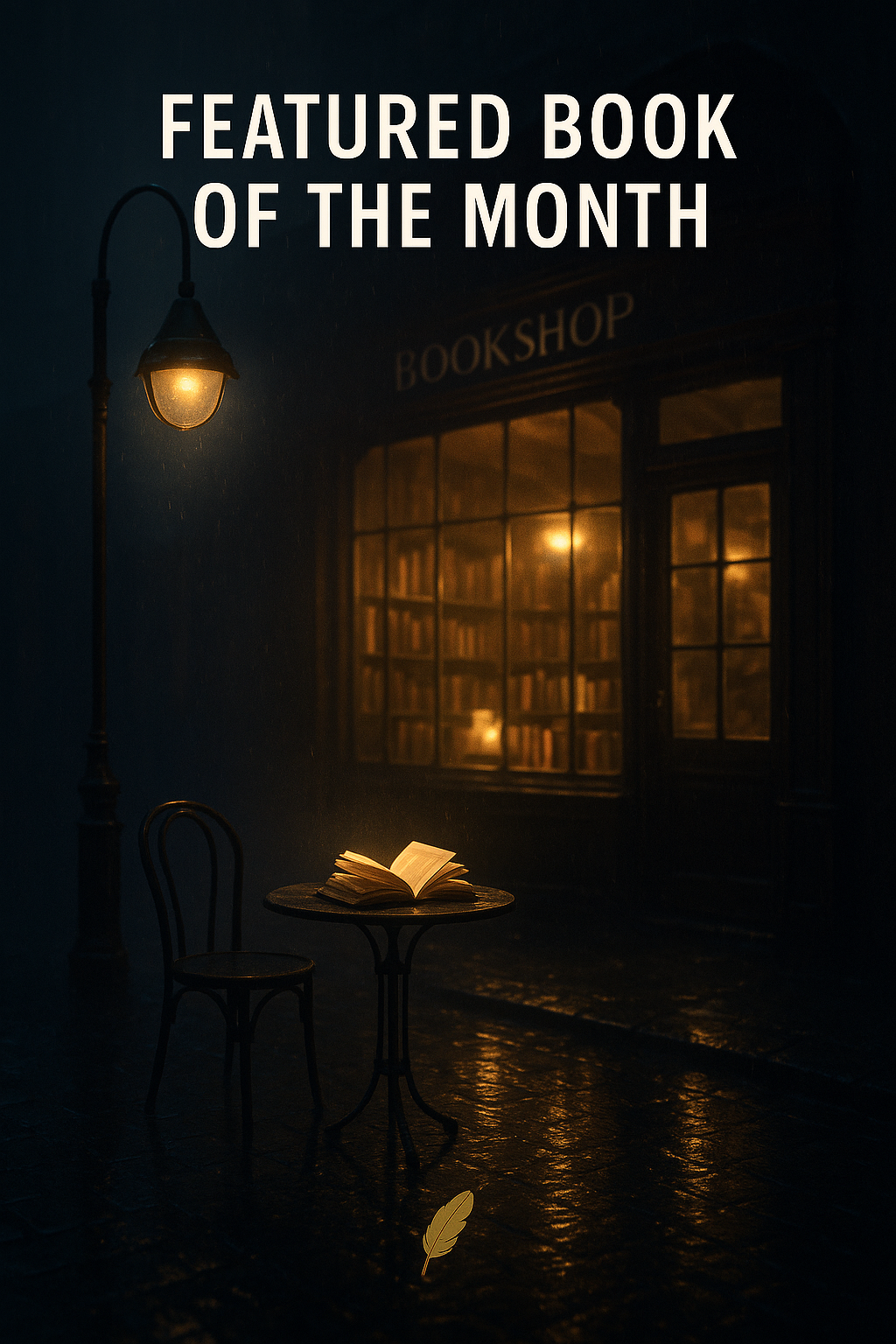 Nighttime scene outside a bookstore called 'Bookshop' with a lit street lamp, a small round table with an open book, a chair, and warm light streaming through the bookstore windows.