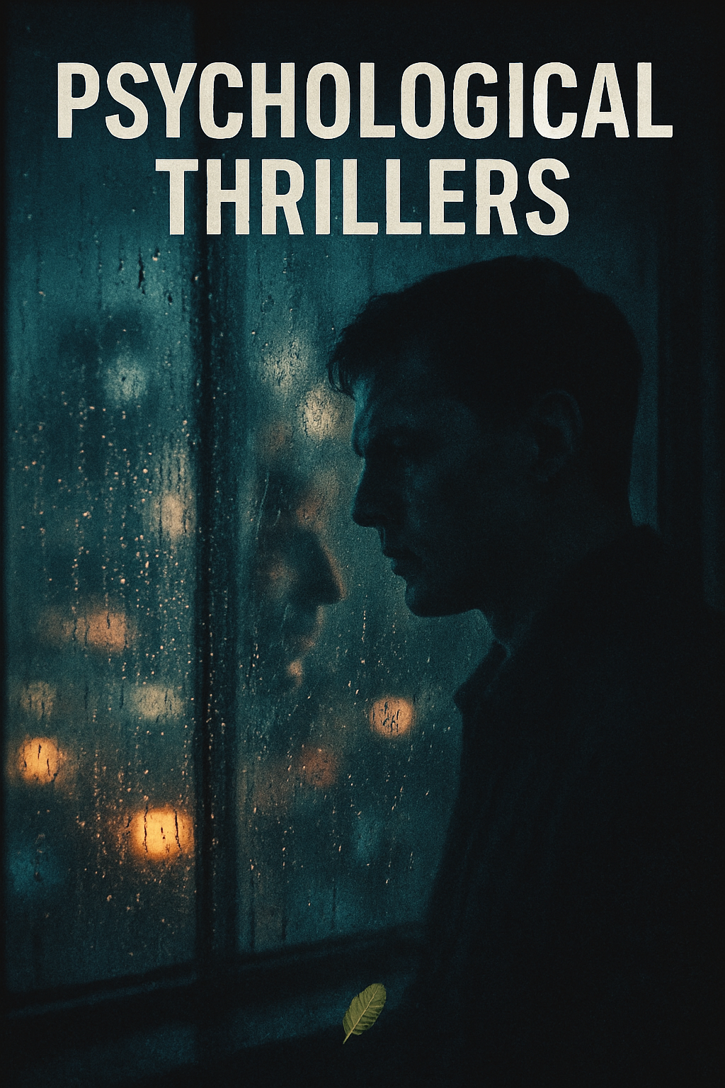 A silhouette of a person's face looking out of a rain-streaked window at night, with the reflection of their face visible on the glass. The background shows blurred city lights. The text 'Psychological Thrillers' is positioned at the top of the image.