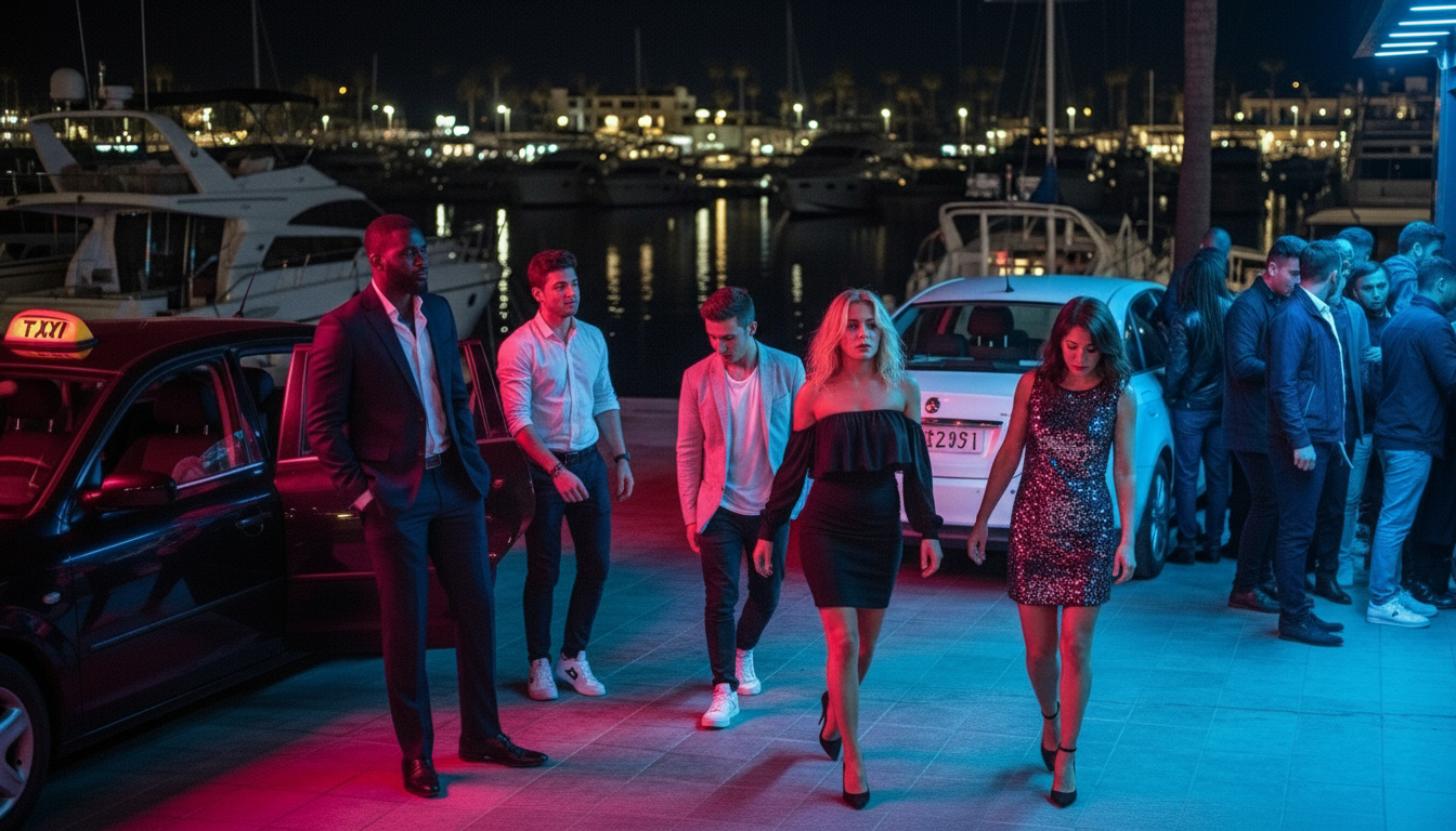 A group of young adults walking in a line on a dock near boats at night, illuminated by colorful neon lights.