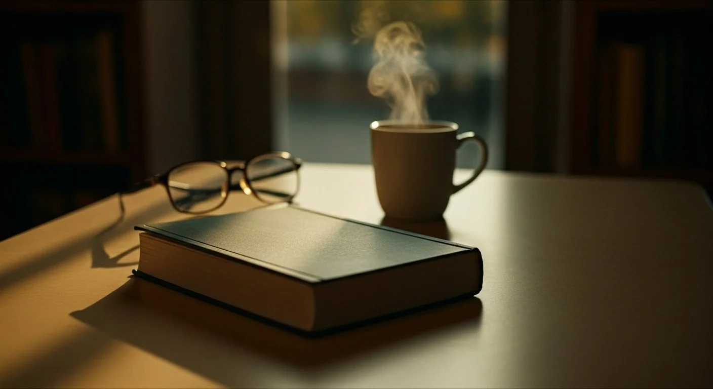 A closed book, a pair of glasses, and a steaming cup of coffee or tea on a table near a window.
