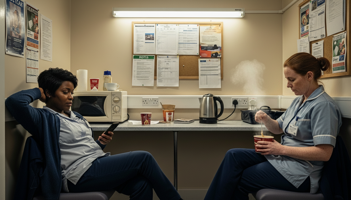 A break room in a medical facility with two female nurses taking a break. The nurse on the left is sitting with her arm behind her head, looking at her phone. The nurse on the right is eating instant noodles from a cup, with steam rising from it. The countertop behind them has a microwave, a kettle, coffee cups, and snack containers, with bulletin boards and notices on the wall.