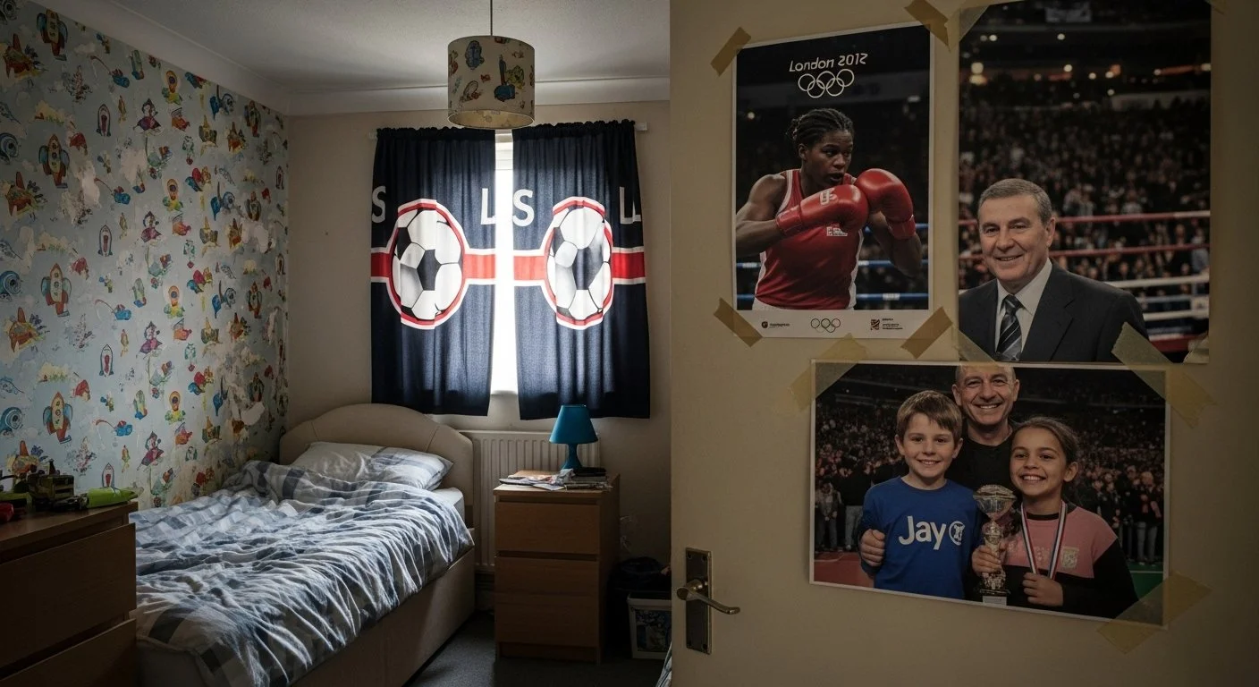 A bedroom with a bed, a nightstand with a blue lamp, and curtains with soccer ball patterns. The wall has a London 2012 Olympics poster and other sports photos, including a female boxer, a man in a suit, and two children smiling.