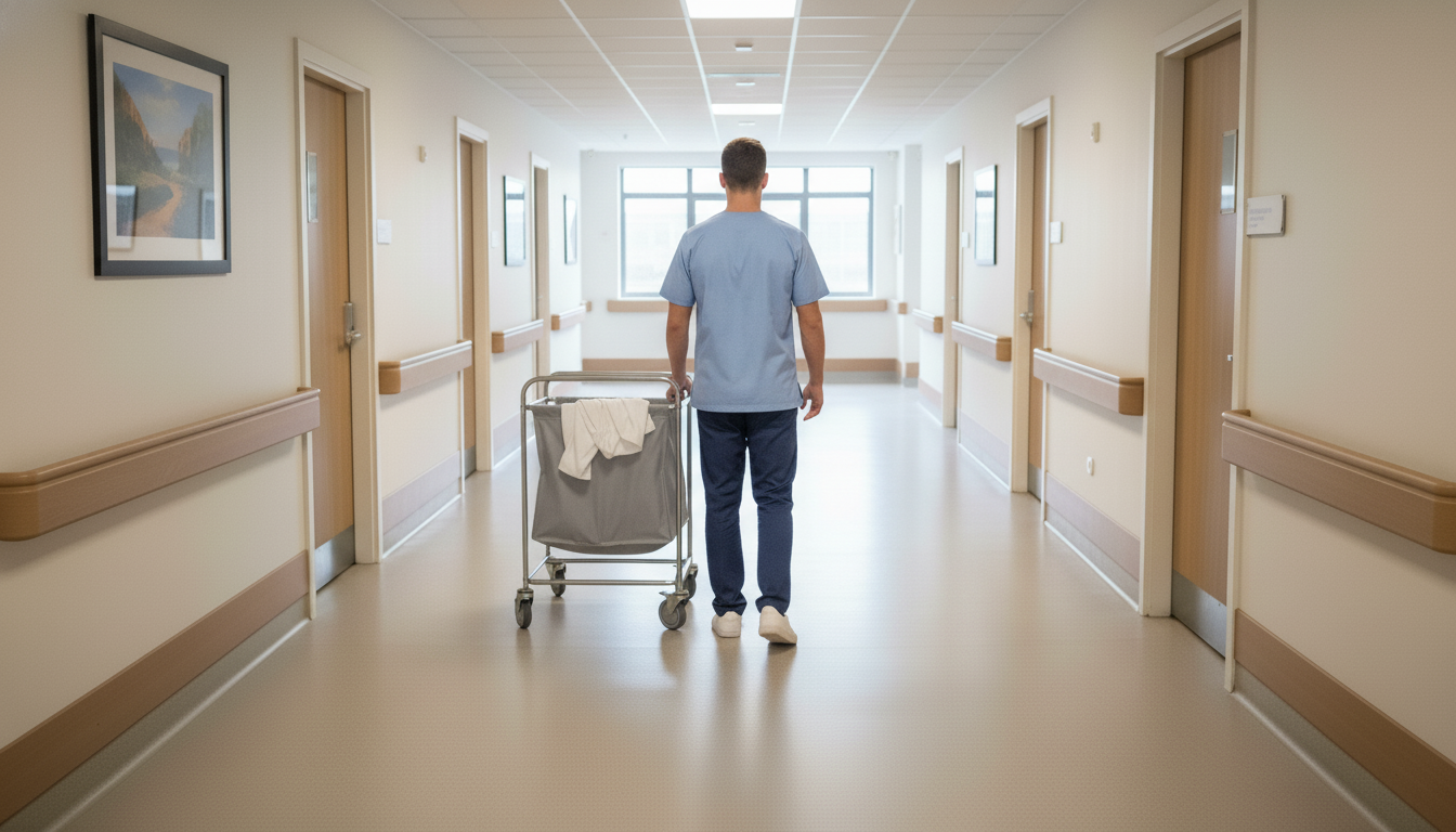 Hospital hallway with a nurse walking away from the camera, pushing a medical cart.