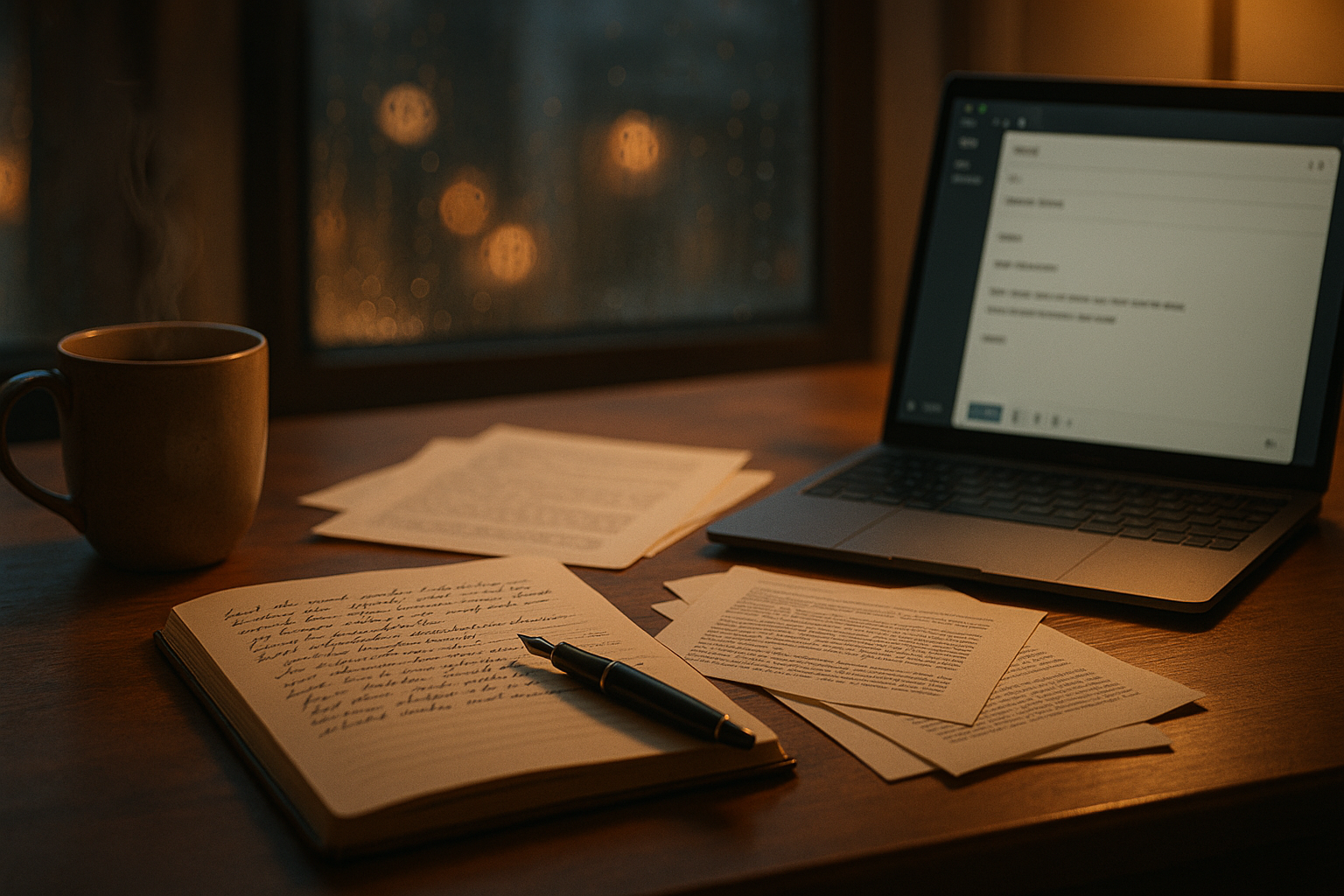 A workspace on a wooden table includes a steaming mug, scattered handwritten and printed papers, an open notebook with a pen, and a laptop with an open document. Rain is visible on the window in the background.