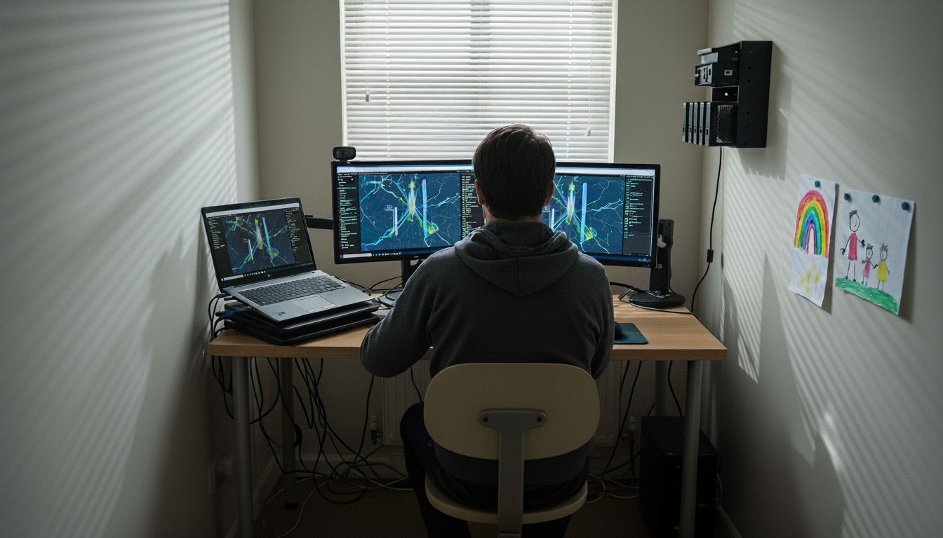 Alex The Full Irish working at a desk with multiple monitors displaying neural network images, a laptop, and children's drawings on the wall.
