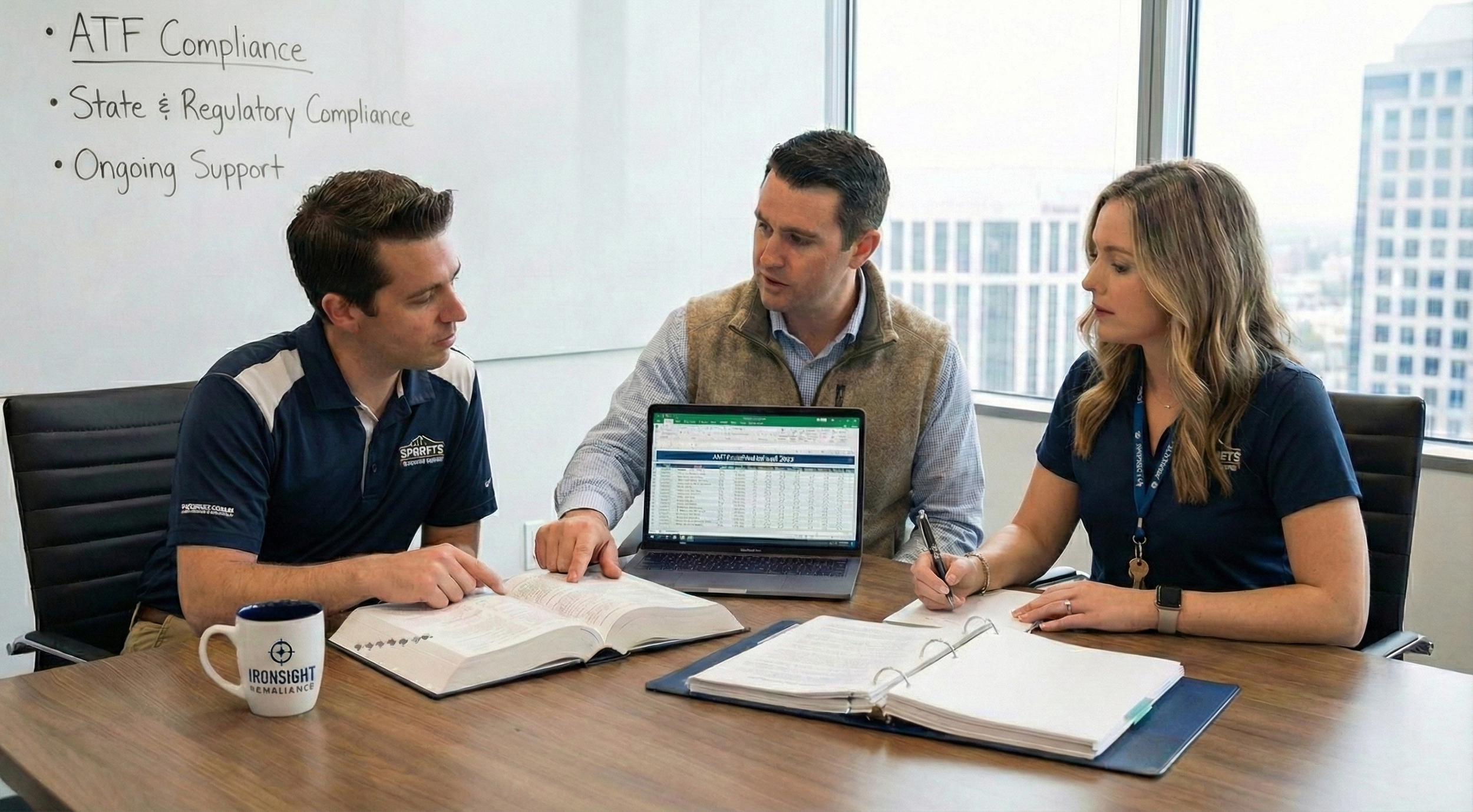 Image of Ironsight Compliance debrief with a client at a conference table