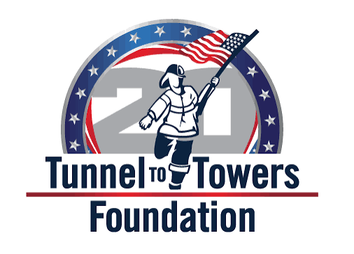 Logo for the Tunnel to Towers Foundation featuring a firefighter holding an American flag in front of a circular background with stars and stripes.
