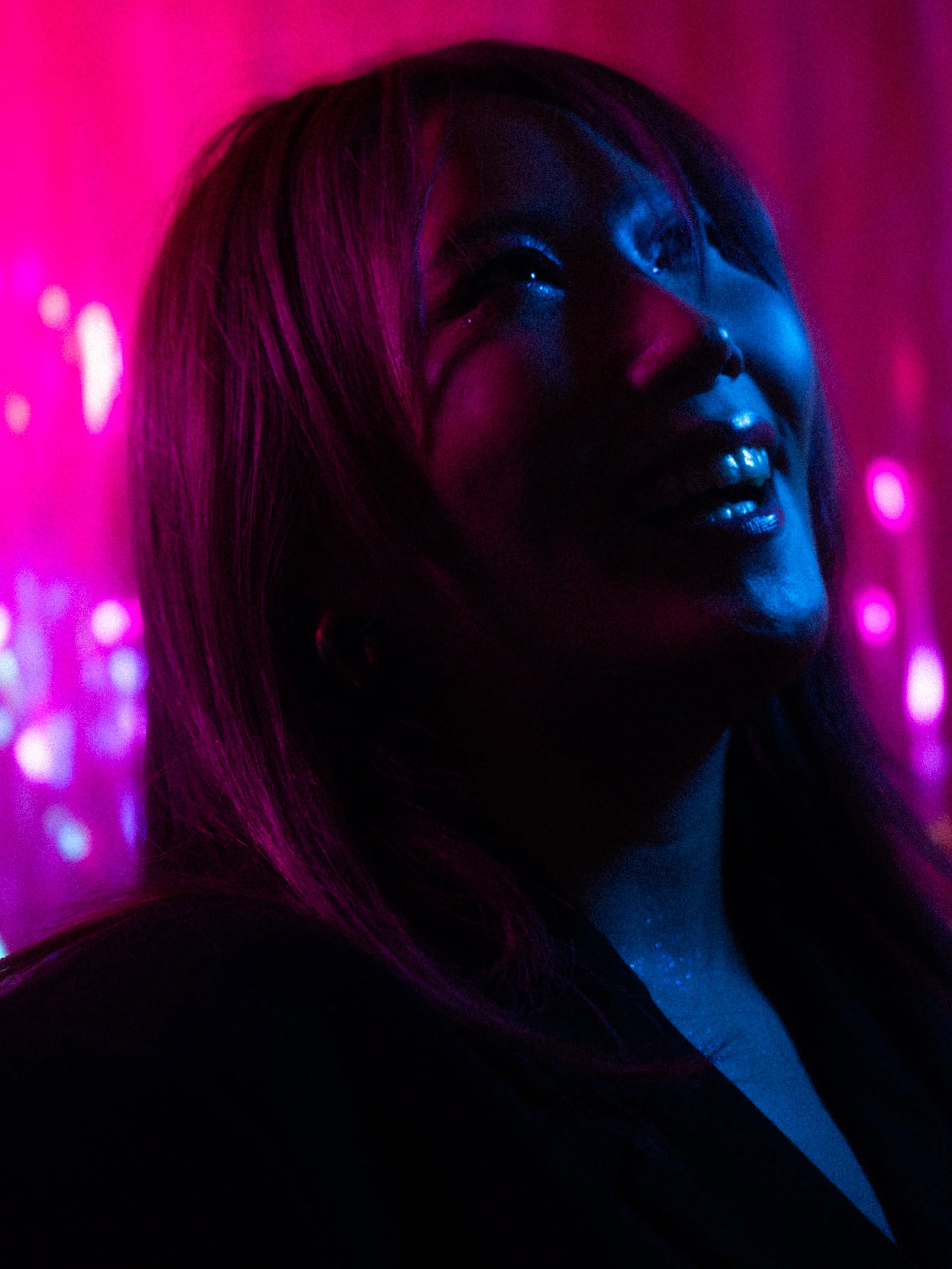 Jasmine Kim in a makeup look and photoshoot created and directed by Kylee De Thier, featuring glowy pinks, blues, greens and an iridescent colour story, 80s glow technicolor