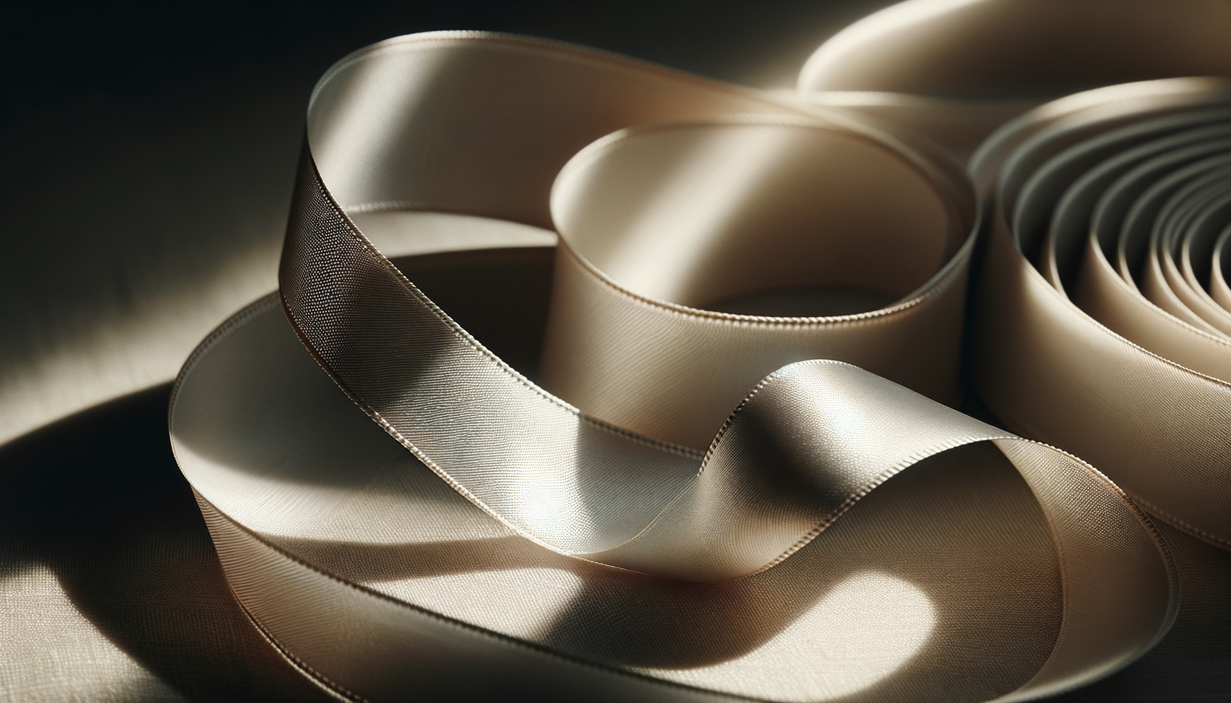 Close-up of silky satin ribbons in cream and beige colors, arranged in curls and loops with soft lighting creating shadows and reflections.