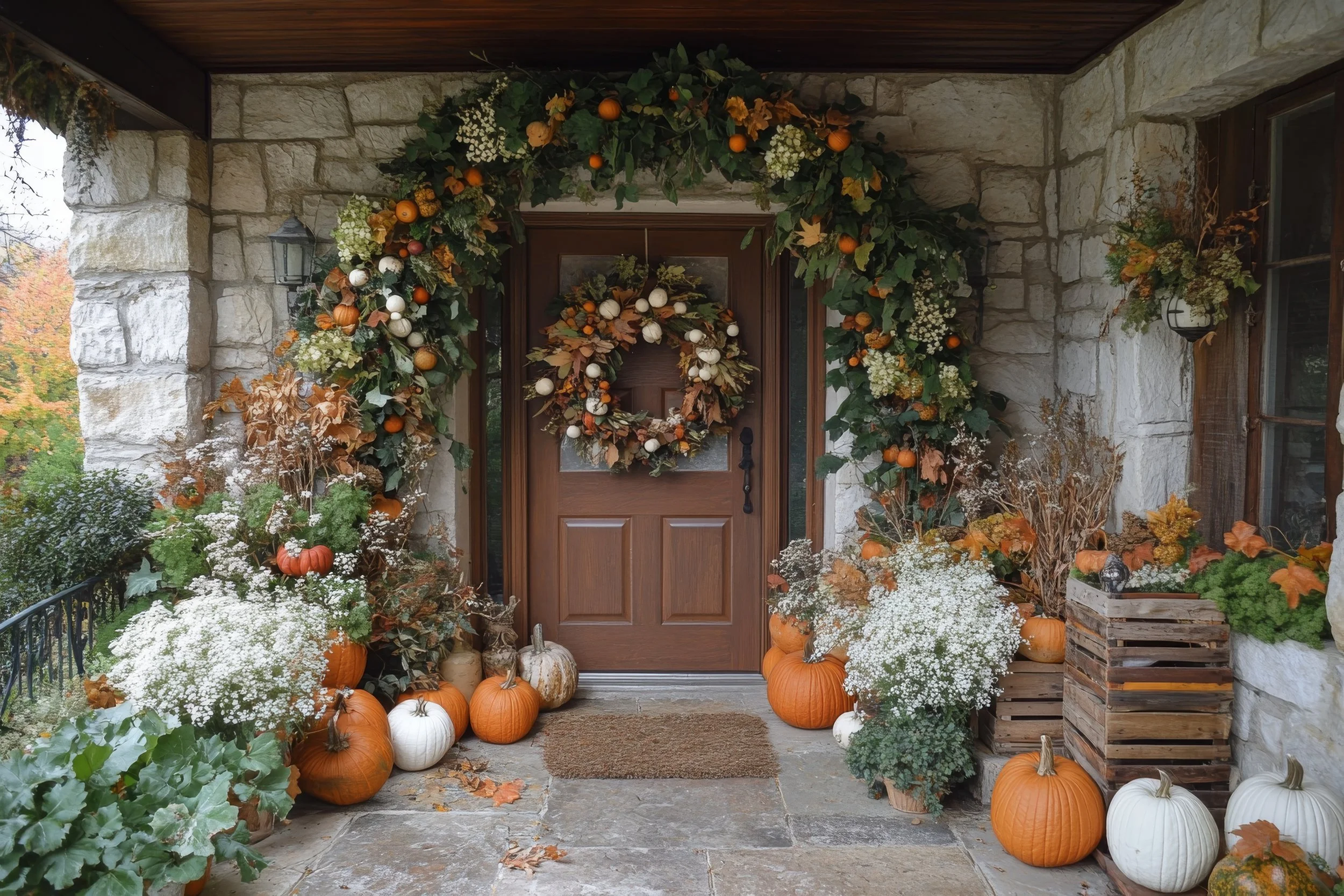 Fall decorated porch with pumpkins, flowers, and greenery around a wooden front door with a wreath.