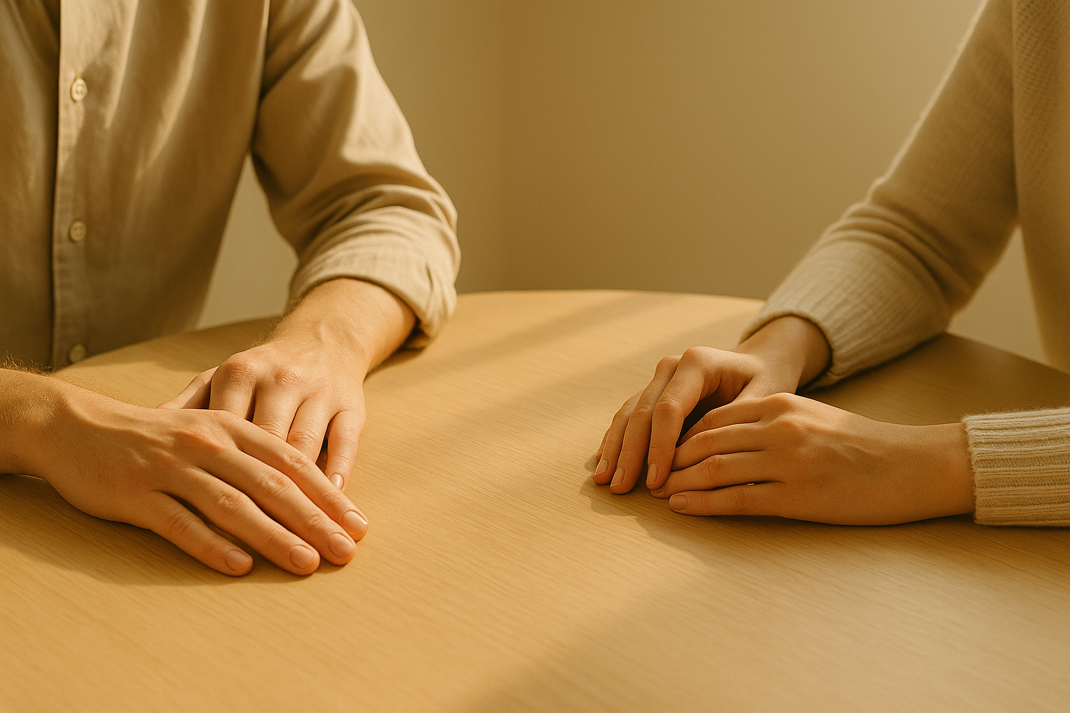 Two adults sitting at a light wood table. Everyone's hands are resting gently on the table in a gesture that connotes openness and discussion.