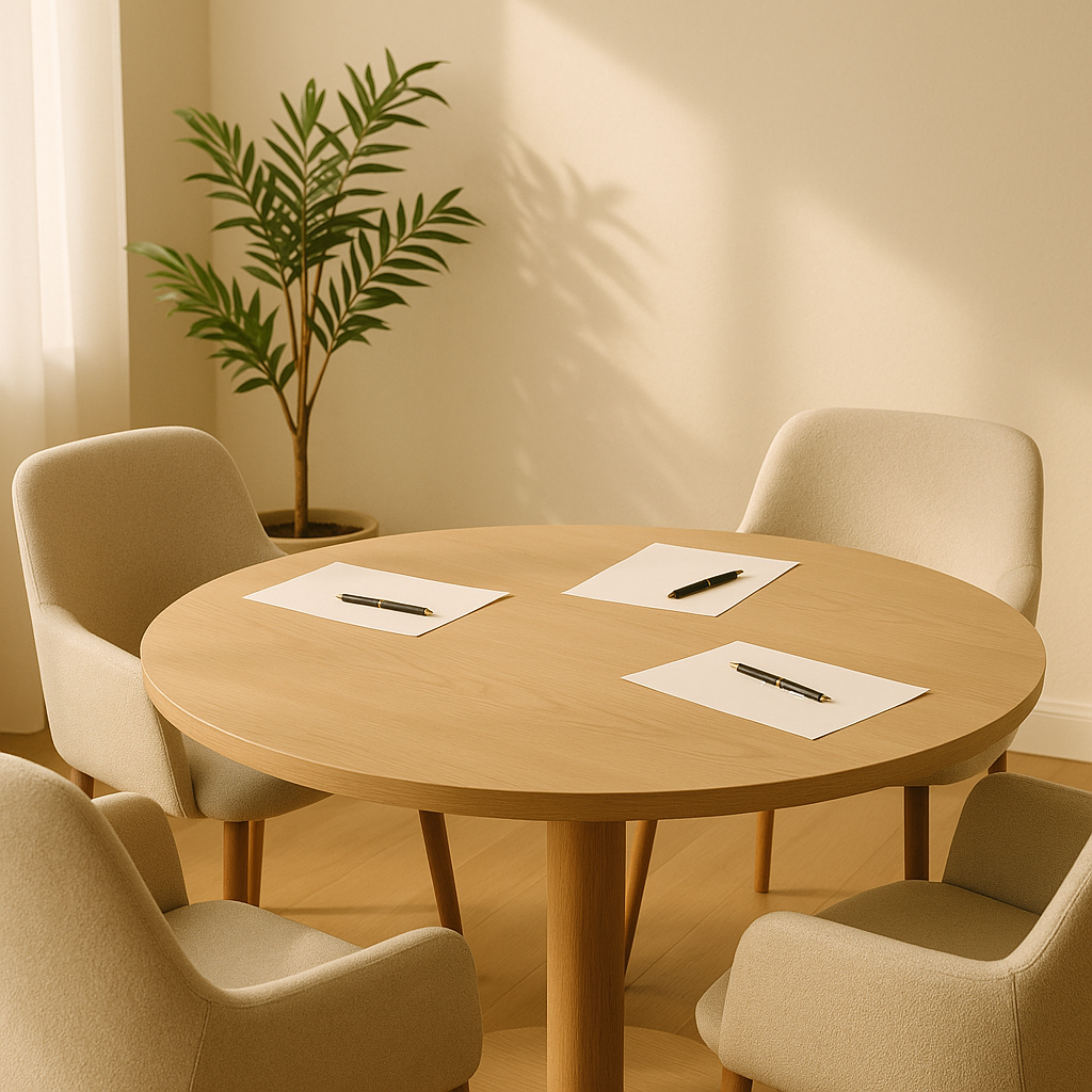 A round wooden table set for a meeting with four white chairs, each with a pen and a blank sheet of paper, in a room with a potted plant in the corner.