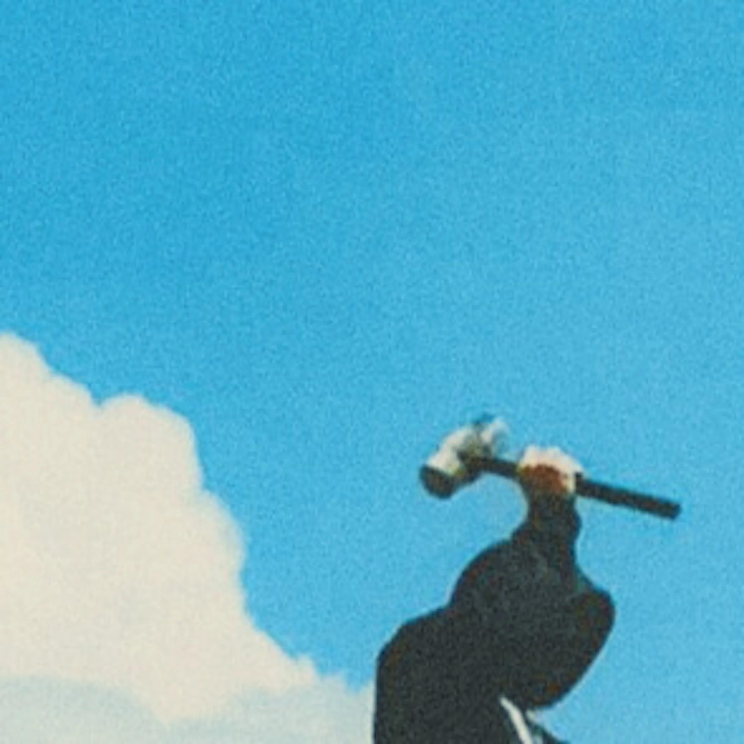 Close-up of a person in a black hoodie holding a hammer with clouds and blue sky background.