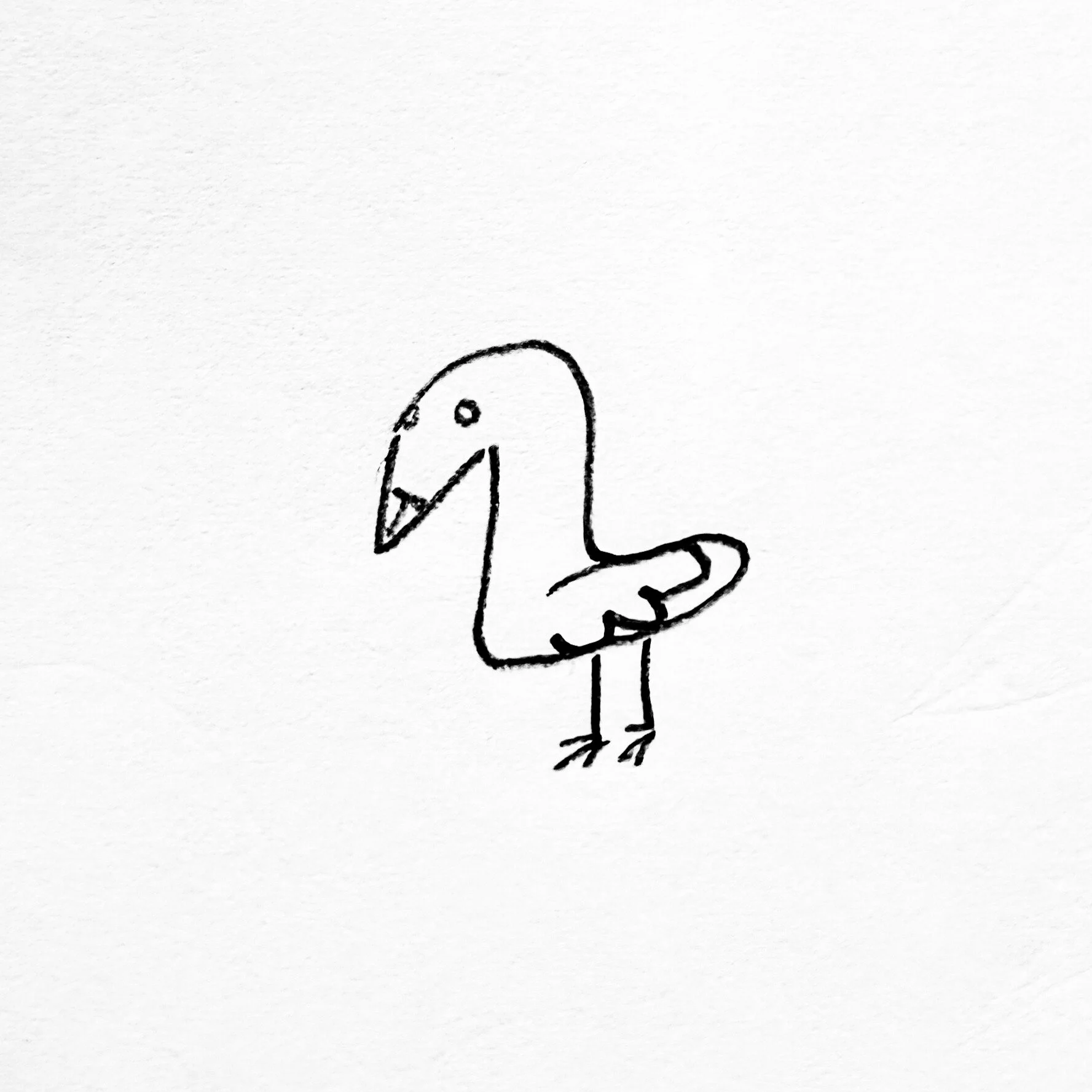 Simple black ink drawing of a duck with a rounded body, beak, small eye, and two legs.