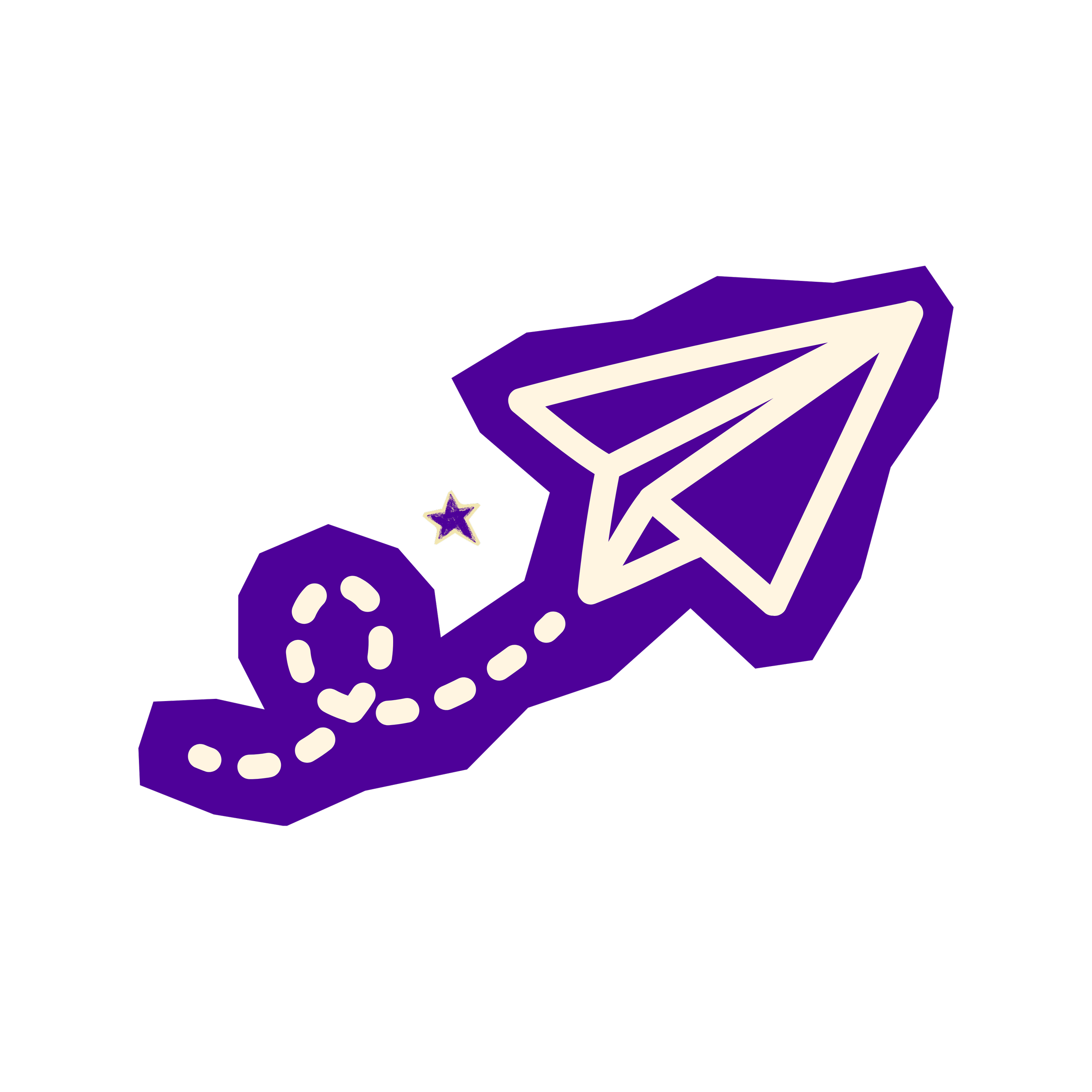 A stylized illustration of a paper airplane with a dotted flight path, a small star, and a purple glow outline on a black background.
