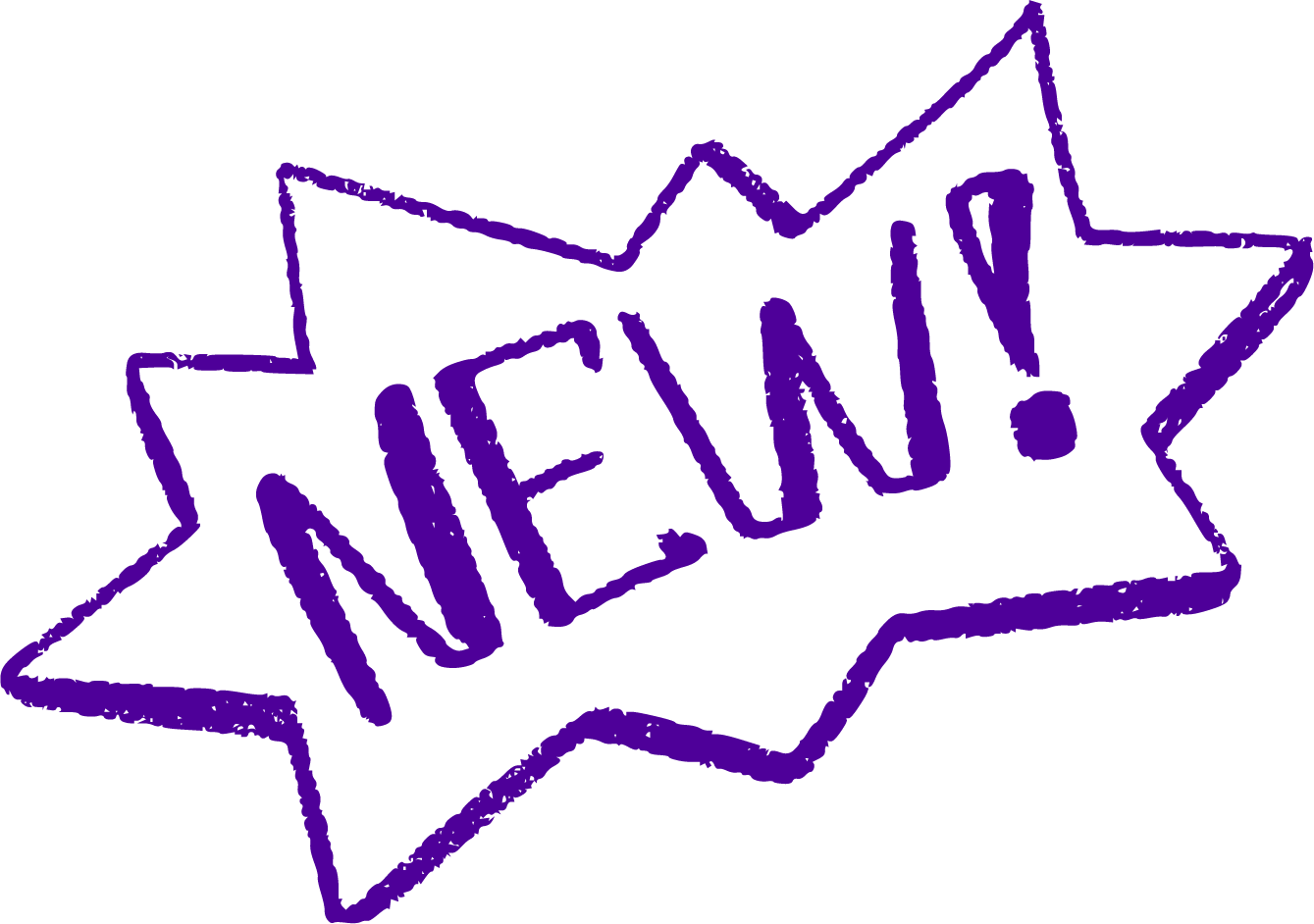 A purple star-shaped outline with the word 'NEW!' in bold purple letters cut out in the middle.