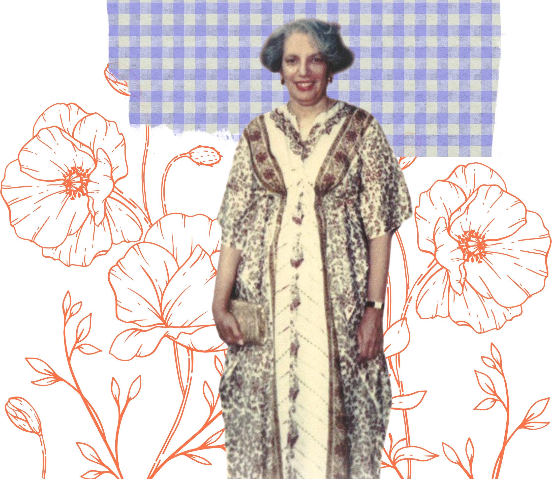 Charlyne McFarland, grandmother of Lauren Carson, inspiration for the Therapy Assistance Program in a patterned outfit, holding a clutch, smiling at the camera, standing in front of an orange backdrop with floral patterns.
