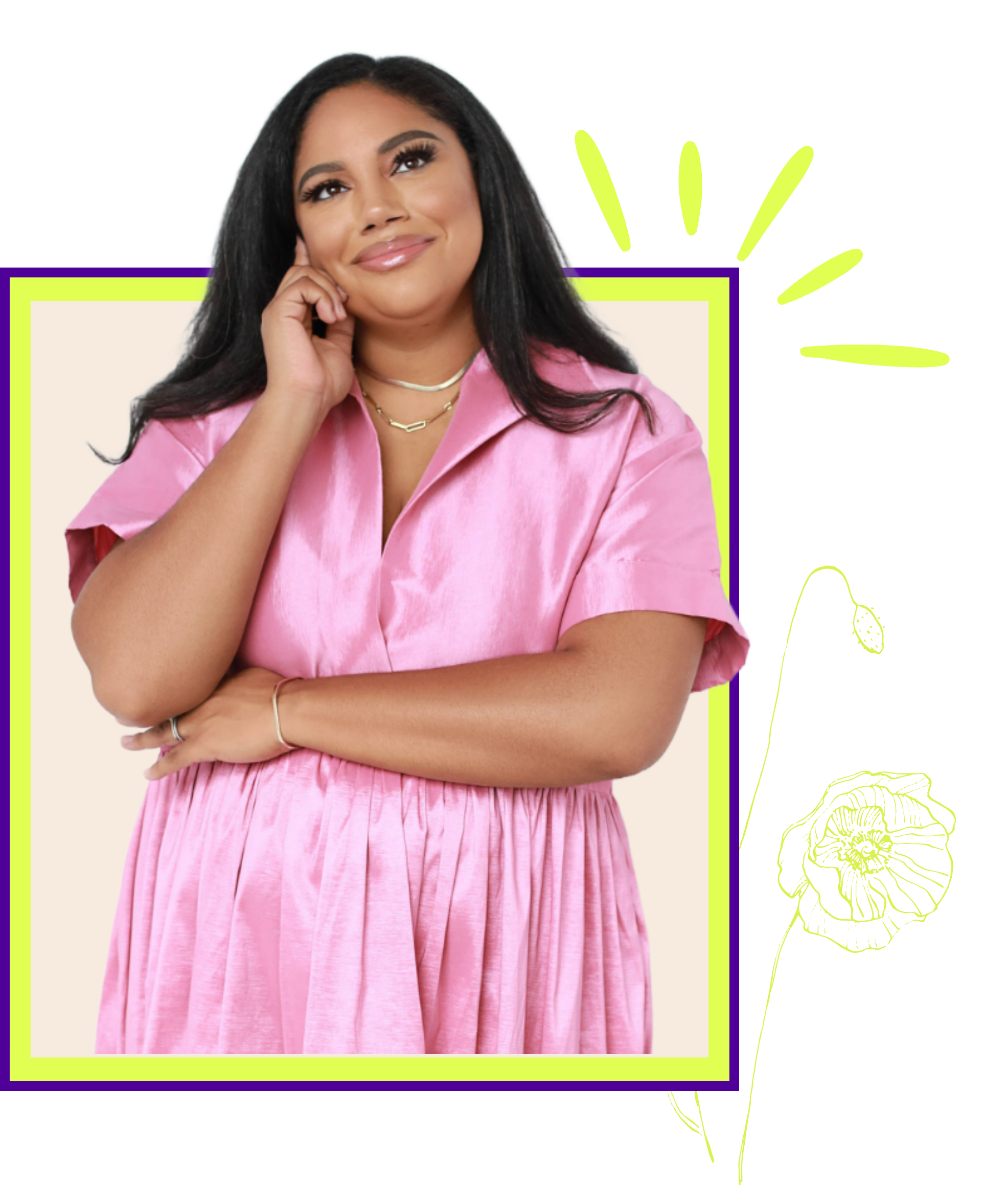 A woman with long black hair wearing a pink dress, standing with her arms crossed, smiling, and touching her face with her right hand, against a plain background.